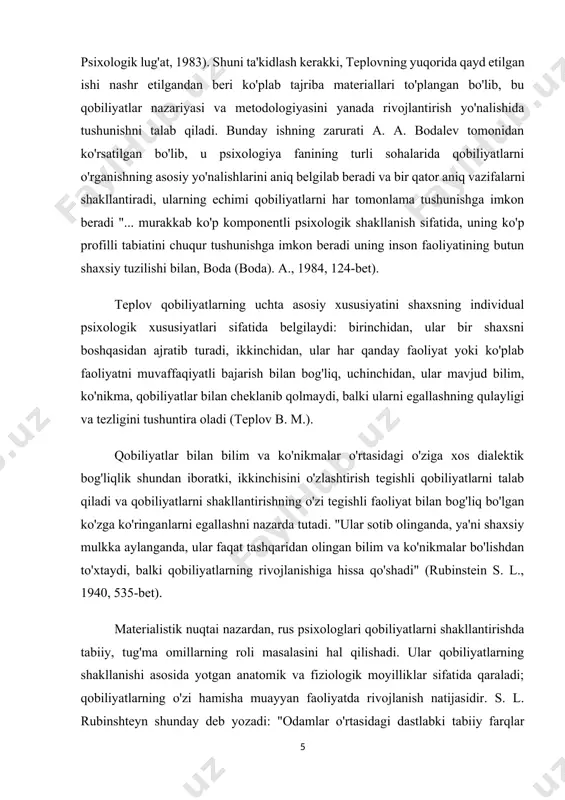 yotgan anatomik va fiziologik moyilliklar sifatida qaraladi; qobiliyatlarning o'zi hamisha muayyan faoliyatda rivojlanish natijasidir. s. l. rubinshteyn shunday deb yozadi: "odamlar o'rtasidagi dastlabki tabiiy farqlar tayyor qobiliyatlarda emas, balki mayllardagi farqlardir. mayilliklar va qobiliyatlar o'rtasida hali juda katta masofa mavjud; biri bilan ikkinchisi o'rtasida shaxs rivojlanishining butun yo'li" (1940, 533-bet). qobiliyatlarning o'zi, b. m. teplovning fikricha, nafaqat namoyon bo'ladi, balki faoliyatda ham yaratiladi (1941). chet el psixologiyasida qobiliyatlar deganda yoki sub'ektning kelajakdagi barcha yutuqlarini (qobiliyatini) halokatli tarzda belgilaydigan shaxsning tug'ma xususiyatlari yoki u tomonidan egallangan ko'nikma va qobiliyatlar (qobiliyat) tushuniladi. shuni ta'kidlash kerakki, "qobiliyat" atamasi qobiliyatlarning psixodiagnostikasi sohasida juda keng tarqalgan bo'lib, u ko'plab testlar, asosan, individual qobiliyat testlari nomiga kiritilgan. ingliz tilining psixologik lug'atida u "nisbatan umumiy yoki maxsus bilim va ko'nikmalarni egallashning tabiiy qobiliyati" deb ta'riflanadi. teplov chet el psixologiyasida qabul qilingan qobiliyatlarni tushunishni keskin tanqid qilib, ushbu terminologiya ushbu muammo bo'yicha nazariy qarashlarni bir ma'noda aks ettirishini …