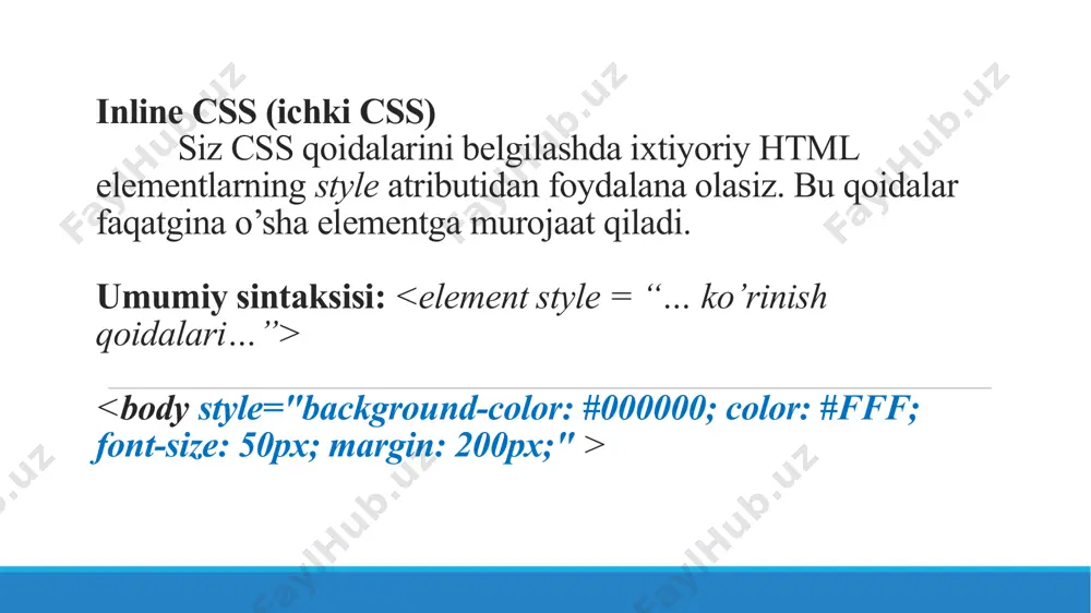 qo’llash mumkin. .black { color: #000000; } 5. id selectorlar: bu selectorni barcha html teglariga id atributi yordamida qo’llash mumkin. #black { color: #000000; } 6. atribut selectorlar: siz shuningdek o’ziga xos html teglarining parametrlariga ham css stillarining murojatini amalga oshirishingiz mumkin. input[type = “text”] { color: #000000; } bu usulning afzalligi elementiga tasir etmaydi va bu rang faqatgina istalgan text tipidagi maydonlariga tasir qilgadi. 7. guruhlash selectori: agar xohlasangiz juda ko’p html teglariga tasir e’tuvchi stillarni yaratishingiz mumkin. faqatgina bu selectorlar quyidagi misolda berilganidek vergul bilan ajratiladi. h1, h2, h3 { color: #36c; font-weight: normal; letter-spacing: .4em; margin-bottom: 1em; text-transform: lowercase; } /docprops/thumbnail.jpeg