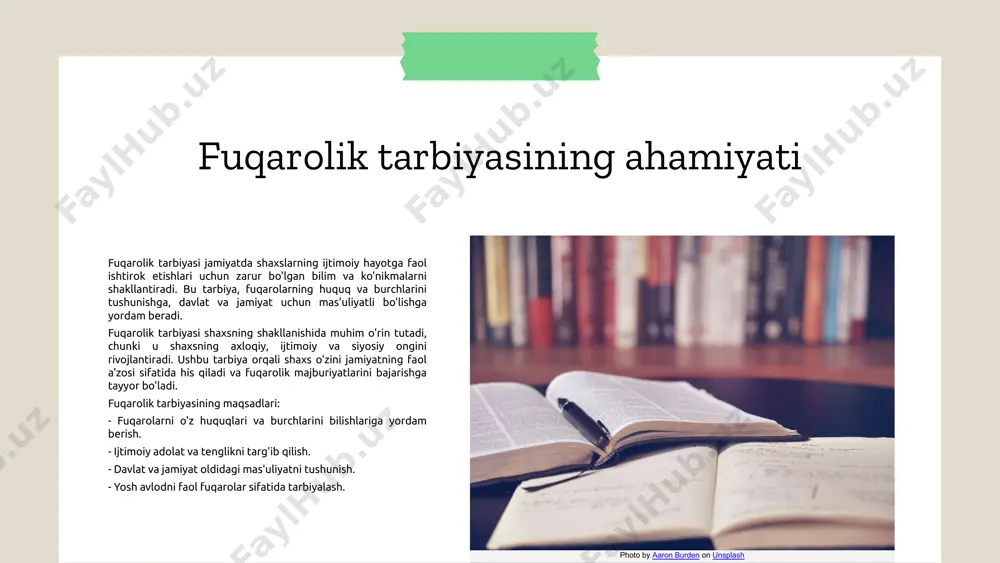 dam berish jarayonidir. bu tarbiya, shaxsning huquqiy madaniyatini shakllantirish va huquqiy me'yorlarga rioya qilishga undash maqsadida olib boriladi. huquqiy tarbiyaning asosiy maqsadi, fuqarolarni huquqiy bilimlar bilan ta'minlash, ularning huquqlari va majburiyatlari haqida to'liq tushuncha berishdir. bu jarayon, shaxsning ijtimoiy hayotda faol ishtirok etishini va huquqiy muammolarni hal qilish qobiliyatini oshirishga qaratilgan. fuqarolik va huquqiy tarbiyaning o'zaro bog'liqligi, fuqarolik ongini rivojlantirishda huquqiy tarbiyaning ahamiyatini ko'rsatadi. huquqiy tarbiya, fuqarolarni o'z huquqlari va majburiyatlarini tushunishga va ularga amal qilishga undaydi. muammolar va qiyinchiliklar esa, huquqiy tarbiyaning samaradorligini pasaytirishi mumkin. misol uchun, huquqiy bilimlarning yetishmasligi, fuqarolarning huquqiy masalalarda qiyinchiliklarga duch kelishiga olib keladi. photo by aaron burden on unsplash huquqiy tarbiyaning asosiy tamoyillari huquqiy tarbiyaning asosiy tamoyillari shaxsning huquqiy ongini, mas'uliyatini va fuqarolik faoliyatini rivojlantirishga qaratilgan. ushbu tamoyillar jamiyatda demokratik qadriyatlar va huquqiy himoya asosida barqarorlikni ta'minlaydi. huquqiy bilimlar huquqiy bilimlar tamoyili shaxsga huquqlar va majburiyatlar haqida keng bilimlarni beradi. bu, fuqarolarni huquqiy tizim …