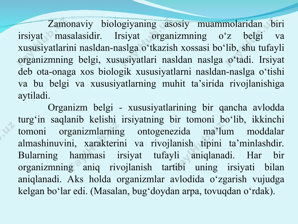 negizi bu hujayraning o‘z nusxasini qayta vujudga keltira oladigan va bo‘linish protsessida qiz hujayralarga taqsimlanish xususiyatiga ega bo‘lgan barcha elementlar hisoblanadi. gen irsiyat birligidir. genetika fanining eng katta yutug‘i dnk molekulasidan gen ajratib olindi va sintez qilindi. gen bir-biriga yaqin bo‘lsa, ular belgilab beradigan belgilarning naslda namoyon bo‘lish ehtimoli shuncha katta bo‘ladi. yadro bo‘linishi jarayonida hujayrada tayoqchasimon tanachalar - xromosomalar vujudga keladi. xromosomalar oqsillar va nuklein kislotalarning yirik molekulalaridan tashkil topgan. irsiy belgilar informatsiyasining kodlari oddiyroq birikmalar - dezoksiribonuklein kislotalarda saqlanadi. xromosomalarning soni turli o‘simlik, hayvonlar hujayralarida turlicha bo‘ladi. dnkning molekulyar strukturasida tur va individumning barcha belgilari shifrlab qo‘yilgan. xromosomalarda genlar tizma shaklida joylashgan bo‘lib, uning ayrim qismini tashkil etadi. shunday qilib, hujayra yadrosida saqlangan xromosomalar va dnk ota-onadagi asosiy belgi va xususiyatlarni nasldan-naslga o‘tkazuvchi asosiy tuzilma hisoblanadi. odamning jinsiy hujayralarida xromosomalar 23 ta bo‘lib, diploid soni 46 ta, ya’ni 22 juft autosomani (jinssiz xromosomani) va ikkita jinsiy xromosomani o‘z …