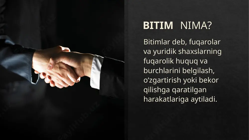 arning shaxsiy ishonchi bilan bog’liq. bitimlarning muddatlari va shartli bitimlar huquq subyektlari o’rtasida tuziladigan bitimlar muayyan muddatlarda ijro etiladi va bekor bo’ladi. bitimlar muddatlar quyidagicha: a) ma'lum kun, oy, yil bilan (masalan, 2015-yil 15-sentabr); b) ma'lum vaqtning o'tishi bilan (masalan, bir yarim yildan keyin o'tishini ko'rsatish) d) ma'lum bir voqea yuz berishi (masalan, daryo orqali yuk tashish muz erishi) bilan belgilanadi. agar bitimda uning ijro etilish muddati ko’rsatilmagan bo’lsa, bunday bitim muddatsiz hisoblanadi. shartli bitim nima ? taraflar oʻrtasida tuziladigan bitimning amalga oshirilishi yoki bekor boʻlishi, biror-bir shartga bog'lab qo'yilishiga aytiladi. shartli bitimlar ikki xil ko’rinishda bo’ladi: a) sharti kechiktirilgan; b) bekor boʻlish sharti bilan tuzilgan bitimlar. agar taraflar huquq va burchlarning kelib chiqishining yuz berishi yoki bermasligi noma'lum bo'lgan holatga bogʻliq qilib qo'ysalar, bitim sharti kechiktirish sharti bilan tuzilgan hisoblanadi. agar tarafning huquq va burchlari bekor boʻlishining yuz berishi yoki bermasligi noma'lum holatga bogʻliq qilib qo'ysalar, bunday bitim bekor …