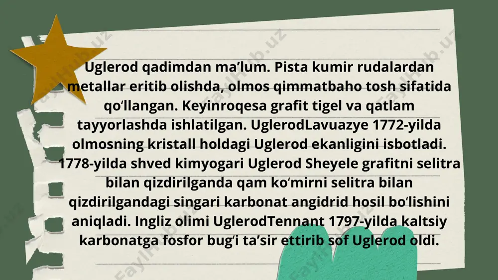 rodning anchagina qismi minerallashadi va yer osti boyliklarini, chunonchi: toshkoʻmir, neft, ohaktosh va boshqalarni hosil qiladi. uglerod radioaktiv izotoplarining biol. va tibbiyot tadqiqotlarida qoʻllanishi moddalar almashinuvini oʻrganishda katta ahamiyatga ega. 14s molekulyar biologiyada oqsillar biosintezi va irsiy informatsiyalarning oʻtkazilish mexanizmini oʻrganishda qoʻllanadi. uglerod (1u)sulfid cs2 — rangsiz, oʻziga xos hidli suyuqlik. qaynash temperaturasi 46,26°, muzlash temperaturasi —112, g, zichligi 1293 kg/m³. zaxarli modda, juda tez alangalanadi. yonganida karbonat angidrid so va sulfat angidrid so2 hosil boʻladi. suvda oz, efir, spirt, xloroformda yaxshi eriydi. texnikada choʻgʻ holatdagi lista kumir ustidan oltingugurt bugʻi oʻtkazish orqali olinadi. turli moddalar uchun erituvchi sifatida, viskoza ipak i.ch. da, qishloq xoʻjaligi zararkunandalariga qarshi kurashda ishlatiladi. uglerod (1u)yodid s14 — kristall modda, suvda oz eriydi. suyuqlanish temperaturasi 17 g, zichligi 4,32 g/sm³. uglerod (1u)ftorid cf4 — rangsiz, hidsiz gaz, suvda oz eriydi. suyuqlanish temperaturasi —183,6°, qaynash temperaturasi — 128°. texnikada past trali tenzimetrlarda qoʻllanadi uglerod (1u)bromid svg4 …