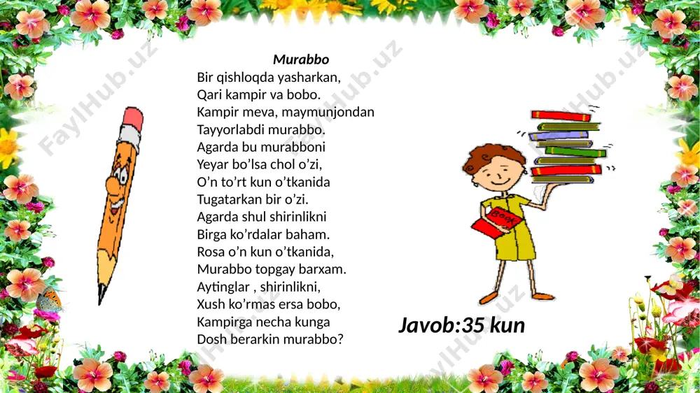 m yurar donlab. ellikta erur boshi, bir yuz qirqta oyog’i. qancha quyon, qirg’ovul, toping, chaqqon buyog’in. x-quyonlar y-qirg’ovullar x=20, y=30 ko’ylak bahosi bir kishi yil bo’yiga, bir xizmatkor yolladi. o’n ikki so’m pul hamda, ko’ylak va’da ayladi. yetti oy o’tgandan so’ng, qarol ketmoq bo’ladi. xizmat uchun pul, hamda bir ko’ylakni so’radi. shunda unga xo’jayin besh so’m va ko’ylak bergan. aytinglar-chi ko’ylakning bahosi qancha bo’lgan? javob:4 so’m 80 tiyin image2.jpg image3.gif image4.gif image5.gif image6.gif image7.gif image8.gif image9.png image10.png image9.gif image11.png image1.png /docprops/thumbnail.jpeg
