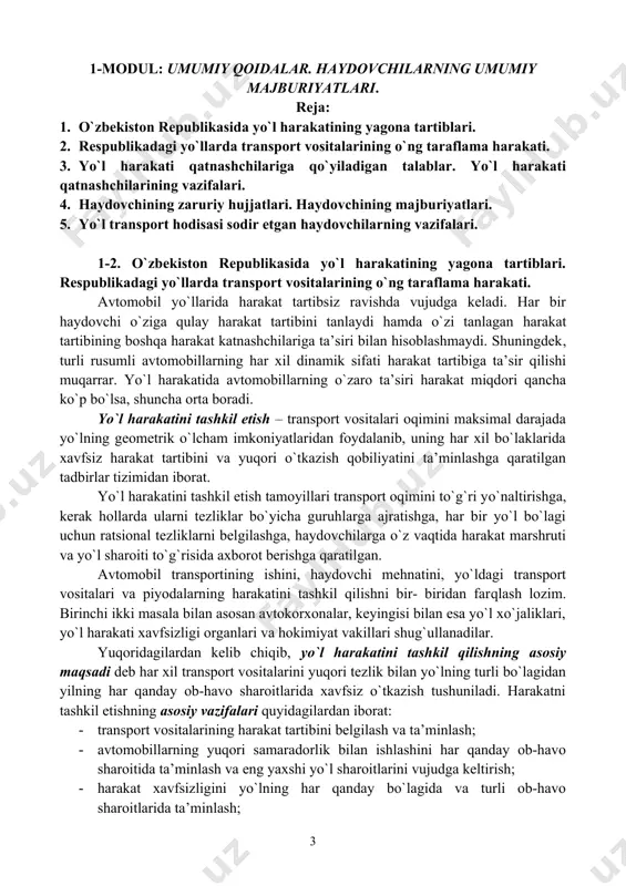 llari transport oqimini to`g`ri yo`naltirishga, kerak hollarda ularni tezliklar bo`yicha guruhlarga ajratishga, har bir yo`l bo`lagi uchun ratsional tezliklarni belgilashga, haydovchilarga o`z vaqtida harakat marshruti va yo`l sharoiti to`g`risida axborot berishga qaratilgan. avtomobil transportining ishini, haydovchi mehnatini, yo`ldagi transport vositalari va piyodalarning harakatini tashkil qilishni bir- biridan farqlash lozim. birinchi ikki masala bilan asosan avtokorxonalar, keyingisi bilan esa yo`l xo`jaliklari, yo`l harakati xavfsizligi organlari va hokimiyat vakillari shug`ullanadilar. yuqoridagilardan kelib chiqib, yo`l harakatini tashkil qilishning asosiy maqsadi deb har xil transport vositalarini yuqori tezlik bilan yo`lning turli bo`lagidan yilning har qanday ob-havo sharoitlarida xavfsiz o`tkazish tushuniladi. harakatni tashkil etishning asosiy vazifalari quyidagilardan iborat: · transport vositalarining harakat tartibini belgilash va ta’minlash; · avtomobillarning yuqori samaradorlik bilan ishlashini har qanday ob-havo sharoitida ta’minlash va eng yaxshi yo`l sharoitlarini vujudga keltirish; · harakat xavfsizligini yo`lning har qanday bo`lagida va turli ob-havo sharoitlarida ta’minlash; · atrof - muhitni bulg`atmaslik; · transport vositalarining va …