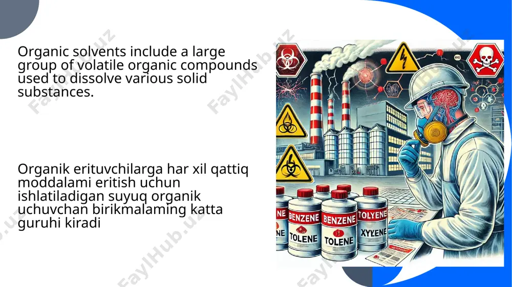 guruhdagi organik erituvchilarning vakillariga qon hosil qilish a’zolari va qonga toksik ta’sir ko'rsatuvchi erituvchilar, ya’ni aromatik uglevodorodlar - benzol, toluol, ksilol va boshqalar kiradi. ular ishlab chiqarishning turli sohalarida laklar. bo'yoqlar, yog'lar, smolalami erituvchi hamda organik sintez uchun boshiang'ich mahsulot sifatida keng ishlatiladi. group iii organic solvents include solvents that have a toxic effect on blood and hematopoietic organs, such as aromatic hydrocarbons—benzene, toluene, xylene, and others. they are widely used in various industries as solvents for lacquers, paints, oils, and resins, as well as raw materials for organic synthesis. 5 benzol va uning gomologlari bilan zaharlanishlaming oldini olishda dastlabki va davriy tibbiy ko'riklam i sifatli o'tkazish muhim choratadbirlar hisoblanadi conducting initial and periodic medical examinations effectively is an important preventive measure to prevent poisoning caused by benzene and its homologs. benzol va uning gomologlaridan zaharlanishning oldini olish uchun kasallikning ilk belgilarini aniqlash, davo o ‘tkazish va chora-tadbirlar ko ‘rish …