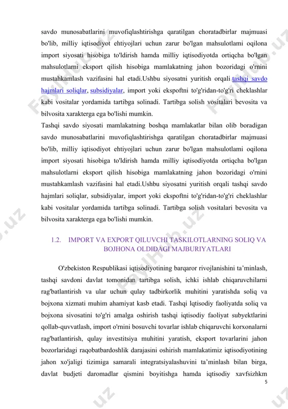 idagi uchta muhim vazifani bajaradi: 1. davlat xarajatlarini moliyalashtirish (fiskal vazifasi); 2. ijtimoiy tanglikni yumshatish (ijtimoiy vazifasi); 3. iqtisodiyotni tartibga solish (tartibga solish vazifasi). davlat sarflari soliq tushumlari hisobiga amalga oshsada, davlat sarflari miqyosining oʻsishi oʻz navbatida soliqlarning oʻsishini taqozo qiladi va uning darajasini belgilab beradi. hozirgi davrda umumiy tendensiya boʻlgan davlat sarflarining va shunga mos ravishda soliq hajmining oʻsib borishini quyidagi omillar taqozo qiladi. · aholi sonining oʻsishi. · ijtimoiy soha xizmatlari sifatiga talabning ortishi va urbanizatsiya. · atrof-muhitning ifloslanishi. · daromadlar tengsizligini qisqartirish dasturlarini amalga oshirish. · milliy mudofaa, davlat xavfsizligini taʼminlash xarajatlari hajmining oʻsishi. korxonalar faoliyatini soliq yordamida tartibga solish quyidagi umumiy tamoyillari asosida amalga oshiriladi: · barcha daromadlardan, ularning manbalariga bogʻliq boʻlmagan holda soliq undirishning majburiyligi; · soliq undirishda barcha uchun yagona umumdavlat siyosati; · samarali ishlovchi korxonalarda hamda xoʻjalik yuritishning ilgʻor shakllari uchun soliq meʼyorlarining ragʻbatlantiruvchi rolini taʼminlash; · soliq toʻlovi boʻyicha barcha subʼektlar majburiyati …