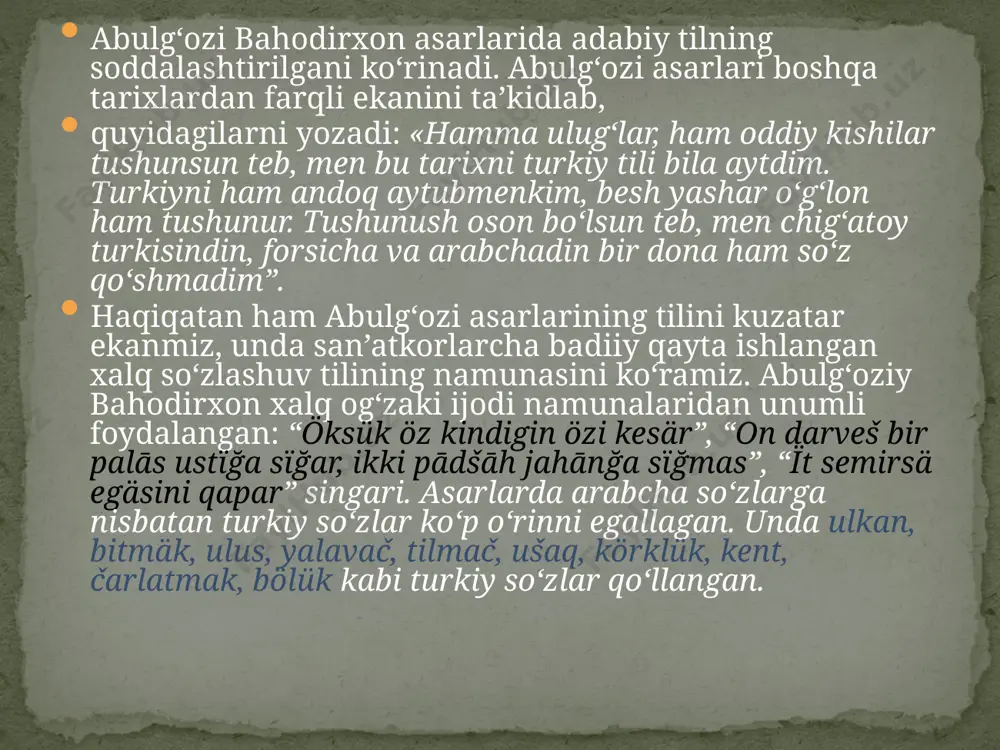 a 400 dan ziyod maqol hamda hikmatli so‘zlar qo‘llangan. gulxaniy uslubning ravon va ommaga tushunarli bo‘lishi uchun xalq og‘zaki ijodidan samarali foydalangan. buni quyidagilarda ko‘ramiz. 1. asarning ayrim hikoyalari xalq og‘zaki ijodiga xos so‘zlar bilan boshlanadi: bar edi farğanada bir carbān. 2. folklorning ommaviy janrlaridan biri bo‘lgan maqollardan nihoyatda o‘rinli foydalangan: evi bilän sözlägänniŋ qurbāni bol, ikki süyüklik bir köŋilgä sïğmas, boynïda illati barnïŋ ayağï qaltïrar kabi. 3. leksik jihatdan xalq so‘zlashuv tiliga doir leksemalarni ko‘plab ishlatilgan: ebi, tevä, täkä, ayran, sapal, burunduq, taylaq, qonaq, aqsaq, boqaq, kulba, yantaq, sačbağ, boydaq, tušav, lačïn, qarčïğay, qïzïlïštan singari. jonli tilda bo‘lgan ïtarčï - it boquvchi; qïğan – qilgan, burnağï – avvalgi, čečmäk – yеchmoq so‘zlari qayd etilgan: ït qïğannï ïtarčï qïlmas, burnağïlar masalidürki, er baïğa iš tüšsä, etük čečmäy suv kečär. shuningdek. ayrim frazeologik birikmalar ham ifodalangan: ağzïnï bir bürčidin chiqar, ağïz ašğa еtgändä burnï qanagan, xās tarbuznï qoltuğuŋga alma va boshqalar. …