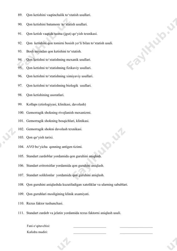 146. jaroxatlar, klassifikatsiyasi. 147. m.i.kuzin bo‘yicha jaroxatlanish jarayonining fazalari. 148. jaraxatning klinik belgilari. 149. jaroxatning bitishiga ta’sir qiluvchi faktorlar. 150. jaroxat bitishining turlari. 151. jaroxatlarni davolash prinsiplari. 152. jaroxatga birlamchi ishlov berish bosqichlari. 153. jaroxatga birlamchi ishlov berishning asosiy turlari. 154. jaroxatga birlamchi ishlov berishga ko‘rsatmalar va qarshi ko‘rsatmalar. 155. jaroxatga ikkilamchi ishlov berish prinsiplari. 156. jaroxatga qo‘yiladigan choklarning turlari. fani o‘qituvchisi: ____________________ ____________________ kafedra mudiri: ____________________ ____________________