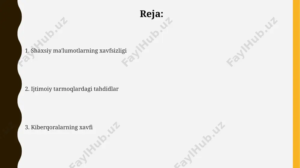 ishlariga olib keladi. zararli kontent so'nggi yillarda zararli kontentga qarshi kurashishga qaratilgan choralarga qaramasdan, 2023 yilda ushbu turdagi kontent miqdori 30% ga oshgan. zararli kontent, jumladan, zo'ravonlikni targ'ib qiluvchi 1000 dan ortiq video va rasmlarni o'z ichiga olgan, bolalarga nisbatan jinsiy zo'ravonlik materiallari tarqalishi bilan bog'liq xavflarni kuchaytirmoqda. kiber-tajovuzkorlar zararli kontent orqali 50% dan ortiq foydalanuvchilarni aldab, shaxsiy ma'lumotlarini o'g'irlash, firibgarlik va boshqa jinoyatlarni amalga oshirish uchun ishlatishadi. kiber-tajovuz va zo'ravonlik kiber-tajovuz va zo'ravonlik oqibatlari ruhiy salomatlikka jiddiy ta'sir ko'rsatishi mumkin, o'z joniga qasd qilish holatlarining 40% gacha o'ziga xos bog'liqligi aniqlangan. onlayn zo'ravonlikning 30% gacha qismi, jumladan tahdidlar, haqoratlar va shaxsiy ma'lumotlarni tarqatish, voyaga yetmaganlarga qarshi yo'naltirilgan. kiber-tajovuzning 70% dan ortig'i anonim profil va soxta hisoblardan amalga oshiriladi, bu esa qurbonlarni aniqlash va huquqni muhofaza qilish organlariga xabar berishni qiyinlashtiradi. ijtimoiy tarmoqlardagi tahdidlar ijtimoiy tarmoqlarda shaxsiy ma'lumotlarning oshkor bo'lishi 85% gacha firibgarlik va identifikatsiyani o'g'irlash holatlariga olib kelishi mumkin, …