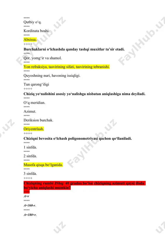 vertikal burchak, nisbiy balandlik va chiziq uzunligi. ++++ geodezik punktlarning markazlari nima uchun xizmat qiladi. ==== а. joyni qo‘riqlash uchun. ==== в. mo‘ljal olish uchun. ==== koordinatalarni aniqlash uchun. ==== joyni belgilash va uni uzoq saqlab turish uchun ++++ geodezik to‘rlar qaysi asoslardan iborat. ==== planli va balandlik to‘rlaridan. ==== poligonometriya to‘rlaridan. ==== trilaterasiya to‘rlaridan. ==== tringulyasiya to‘rlaridan. ++++ geodezik to‘rlar joyida qaysi usullar bilan quriladi. ==== а. triangulyasiya va poligonometriya. ==== в triangulyasiya, trilaterasiya va poligonometriya. ==== trilaterasiya va poligonometriya. ==== triangulyasiya, trilaterasiya, poligonometriya va planimetriya. ++++ geodeziya fani nimani o‘rganadi? ==== yer yuzasining karta plan va profillarini tuzishni. ==== yer yuzasidagi nuqtalarning bir-biriga nisbatan o‘rnini. ==== yerning kattaligi hamda injenerlik ishlarini. ==== yerning shakli hamda injenerlik ishlari. ++++ geodeziya fanining ahamiyati nimalardan iborat? ==== yer yuzasidagi yechiladigan geodezik masalalarni yechish va boshqarish. ==== yer yuzasidagi turli xil masalalarni yechish. ==== yerning sun’iy yo‘ldoshlari kosmik kemalar va raketalarni uchirish. …