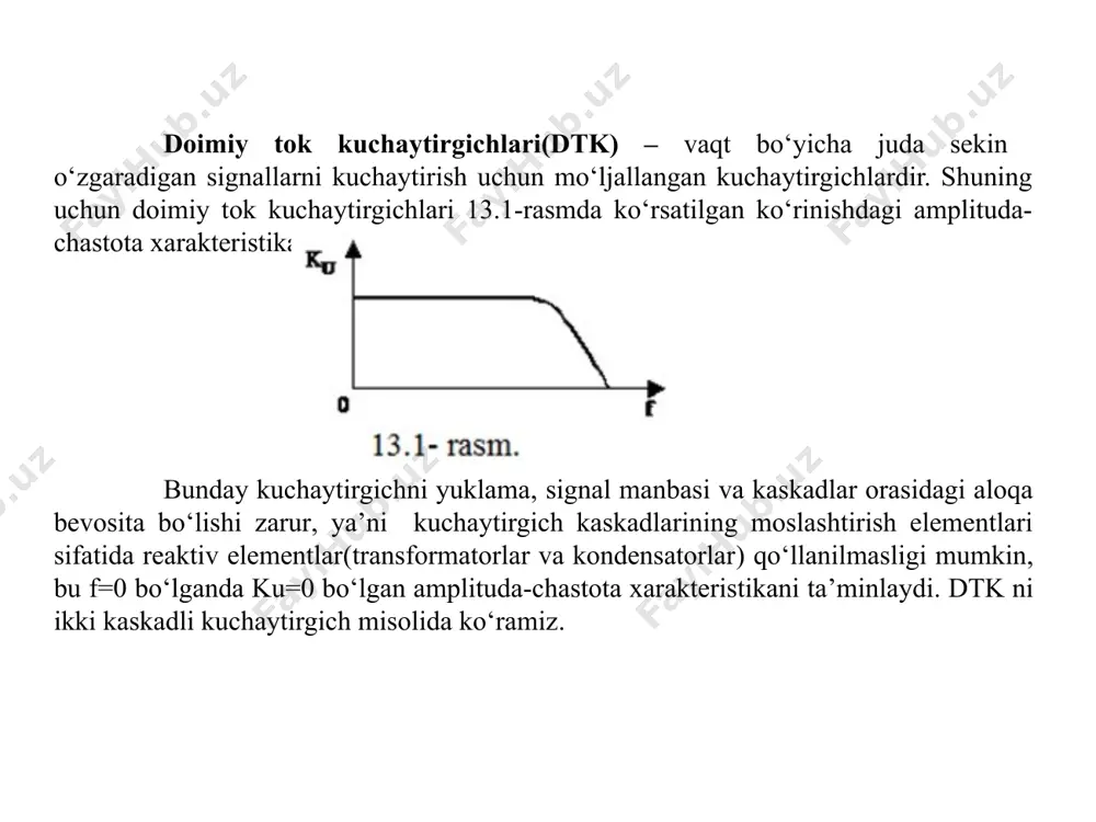 irish qarshiligiga bog‘liq, shuningdek ta’minot kuchlanishi o‘zgarishiga ham bog‘liq. chastota ishchi diapasoni – kuchaytirish koeffitsienti o‘zgatmas qoladigan kuchaytirish chastotalar yo‘lagi(oralig‘i). quyi chastotali kuchaytirgichlar uchun qanoatlatiruvchi sifatdagi ishchi diapazon 16gs dan 20gs gacha. transformatorsiz quvvat kuchaytirgichi 13.4-rasmda ko‘rsatilgan. bunday kuchaytirgichlar uchun yuklamadagi quvvat pyu=10vt, yuklama qarshiligi ryu=8om, chastota polosasi(yo‘lagi, oralig‘i) quyi chegarasi fq=250gs dan yuqori chegarasi fyu=10 000 gs gacha, garmonikalar koeffisienti kg=10% nazorat savollari : 1. tok, kuchlanish, quvvat kuchaytirgichlari ishlash printsipini tushuntiring ? 2. koʻp kaskadli kuchaytirgichlar qanday kuchaytirgichlar ? 3. magnitli bir va ikki taktli kuchaytirgichlar qanday ishlaydi ? 4. elektromashinali kuchaytirgichlar qanday kuchaytirgichlar? e’tiboringiz uchun raxmat !!! image1.png image2.png image3.png image4.png image5.png image6.png image7.png /docprops/thumbnail.jpeg