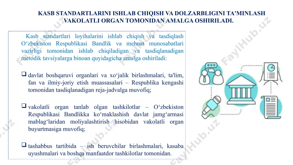 linadi; 4 aksincha aloqa kasb standartini ishlab chiqish jarayonida ham, amaliyotda uni qo‘llashda ham manfaatdor tomonlar e’tirozlari va takliflarini hisobga olish. 7 o‘zbekiston respublikasi prezidentining 2024-yil 30-sentabrdagi pq-345-son qaroriga muvofiq 2025-yil yakuniga qadar barcha tarmoqlar kesimida ehtiyoji eng yuqori bo‘lgan kasbiy faoliyat sohalari (turlari) bo‘yicha kasbiy standartlar ishlab chiqilishi nazarda tutilgan va milliy malakalar ramkasi berilgan. unga muvofiq, malakalar darajasi 8 darajadan iborat. malaka darajasi - 01 bilim o‘quv yoki kasbiy faoliyat sohasi bo‘yicha elementar va boshlang‘ich umumiy bilimlar mas’uliyat va mustaqillik o‘z harakatlari va ish natijalari uchun javobgarlik; o‘zganing bevosita nazorati va kuzatuvi ostida ishlash ko‘nikma (mahorat) belgilangan qoidalarga muvofiq standart va oddiy vazifalarni bajarish uchun zarur bo‘lgan ko‘nikmalar malaka darajasiga erishish yo‘llari boshlang‘ich ta’lim + ish joyida qisqa muddatli o‘qitish (instruktaj) yoki qisqa muddatli kurslar yoki amaliy tajriba page ‹#› © 2016 planner-template all rights reserved 14 kаsb stаndаrti umumiy o‘rta taʼlim maktab o‘qituvchisi taʼlim va tarbiya jarayonini …