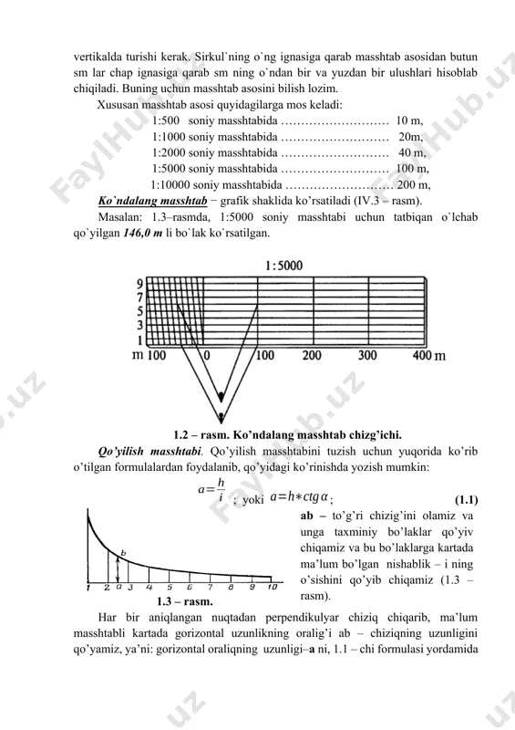 sshtabida 0,1 mm ga to`g`ri keladigan chiziqli kesma uzunligi masshtabning grafikaviy aniqligi ekan. normal ko`ndalang masshtabdan foydalanib, teskari masala yechish ham, ya`ni rasmdan olingan bo`laklarni masshtabga qo`yib chiziqlarning joydagi uzunligini aniqlash ham mumkin. buning uchun sirkul` oyoqlarini biron bir rasmda aniqlanadigan oraliqqa mos qilib ochib masshtab bo’yicha qo`yiladi va uning chap ignasini masshtabning chetki chap asosida bo`lishi uchun o`ng ignasini qaysi vertikal chiziq bo`ylab siljitish lozimligi aniqlanadi. bu chiziq topilgach, sirkul` bilan masshtab asosidan birin – ketin yo`qoriga qarab bir paralleldan keyingisiga ko`chirib boriladi. bunda chap igna chetki chap asosning ko`ndalang chiziqlaridan biriga tushmaguncha o`ng igna o`sha vertikalda turishi kerak. sirkul`ning o`ng ignasiga qarab masshtab asosidan butun sm lar chap ignasiga qarab sm ning o`ndan bir va yuzdan bir ulushlari hisoblab chiqiladi. buning uchun masshtab asosini bilish lozim. xususan masshtab asosi quyidagilarga mos keladi: 1:500 soniy masshtabida ……………………… 10 m, 1:1000 soniy masshtabida ……………………… 20m, 1:2000 soniy masshtabida ……………………… 40 …