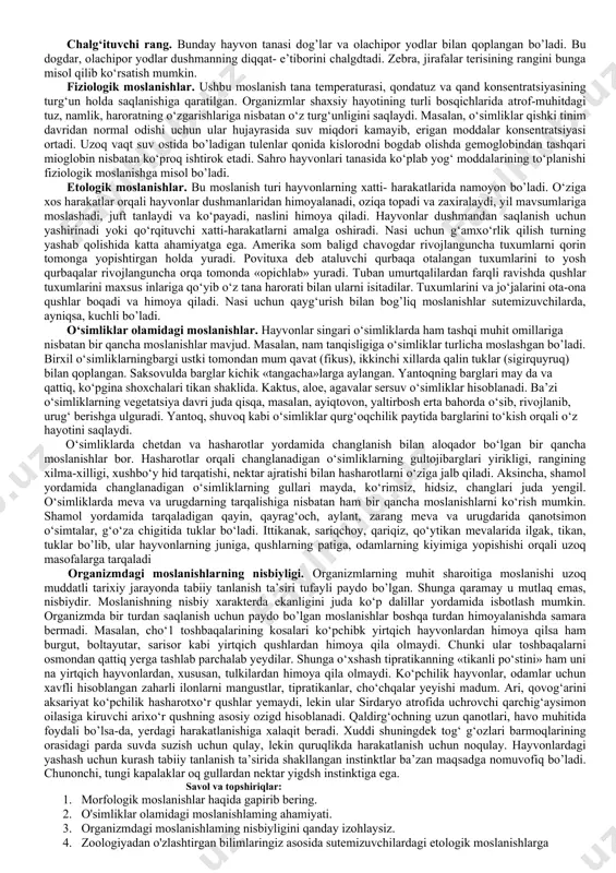 q, kuropatka, tulkilar oq rangda, kvaksha, be- shiktervatar, ninachilar yashil barglar orasida yashagani, karam kapalagi qurti uning barglari bilan oziqlangani sababli yashil rangda bo’ladi. agar muhit rangi fasllarga qarab o‘zgarsa, u holda hayvonlar rangi ham o‘zgaradi. masalan, yevropaning o‘rta mintaqasida yashovchi tulki, tovushqon, kuropatka, gornostay qishda bir, yozda ikkinchi xil rangda bo’ladi. maskirovka. ayrim hollarda hayvonning tana shakli va rangi atrofidagi barg, novda, kurtak, o‘simliklarga o‘xshash bo’ladi. chunonchi, chupchik degan hasharot rangi va shakli ingichka novdani, ninabaliq suvodlarini,dengiz paxmoq otchasi deb ataluvchi baliq suv o‘simliklarini eslatadi ayrim ikki pallali molluskalar shakli suv o‘simliklarining kurtaklariga o‘xshash bo’ladi. malayada tarqalgan kallima kapalagining qanotlari shakli, naqsh va tomirlari bargga o‘xshash bo’ladi. ogohlantiruvchi rang. ba’zi hayvonlarning tashqi ko‘rinishi rang-barang bo’lib, ko‘zga yaqqol tashlanadi. tillaqo‘ngdz, tugmachaqo‘ngdz, qovog‘ari, tukli ari, ko‘pgina kapalaklar, «do‘st-dushman» ko‘ziga yaqqol tashlanib, o‘z ranglari bilan ularni «ogohlantiradilar». odatda bunday ogohlantiruvchi rangga ega hayvonlarning dushmanlardan himoya qiladigan qo‘shimcha vositalari mavjud. ularning xususiy himoya …