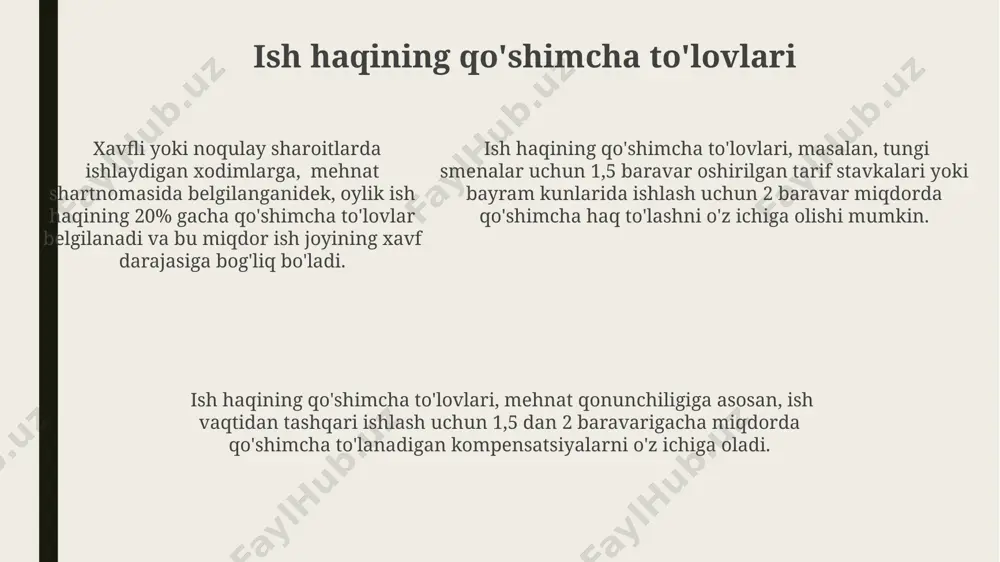 miy ish haqi miqdorini, shu jumladan bonuslar va qo'shimcha to'lovlarni ham o'z ichiga oladi. soatlik ish haqi – bu xodimlarga soatiga to'lanadigan ish haqi turi bo'lib, u odatda 1 soat uchun 20 000 so'mdan 50 000 so'mgacha bo'ladi va ish vaqtiga mutanosib ravishda hisoblanadi. soatlik ish haqi – bu xodimlarga soatiga to'lanadigan ish haqi turi bo'lib, u odatda 1 soat uchun 20 000 so'mdan 50 000 so'mgacha bo'ladi va ish vaqtiga mutanosib ravishda hisoblanadi. xulosa va tavsiyalar o'rtacha ish haqi va mehnat unumdorligi o'rtasidagi bog'liqlikni tahlil qilib, optimal ish haqi siyosatini ishlab chiqish kerak. ish haqini to'g'ri hisoblash korxona foydasini 15-20% ga oshirishga olib kelishi mumkin, shuning uchun avtomatlashtirilgan hisoblash tizimlarini joriy etish tavsiya etiladi. mehnat unumdorligini oshirish va ish haqi fondini samarali boshqarish uchun ishchilarning malakasini oshirishga 10% byudjet ajratish lozim. kunlik ish haqi hisobi kunlik ish haqini hisoblashda, agar ishchi haftasiga 40 soat ishlaydigan bo'lsa va soatlik stavkasi …