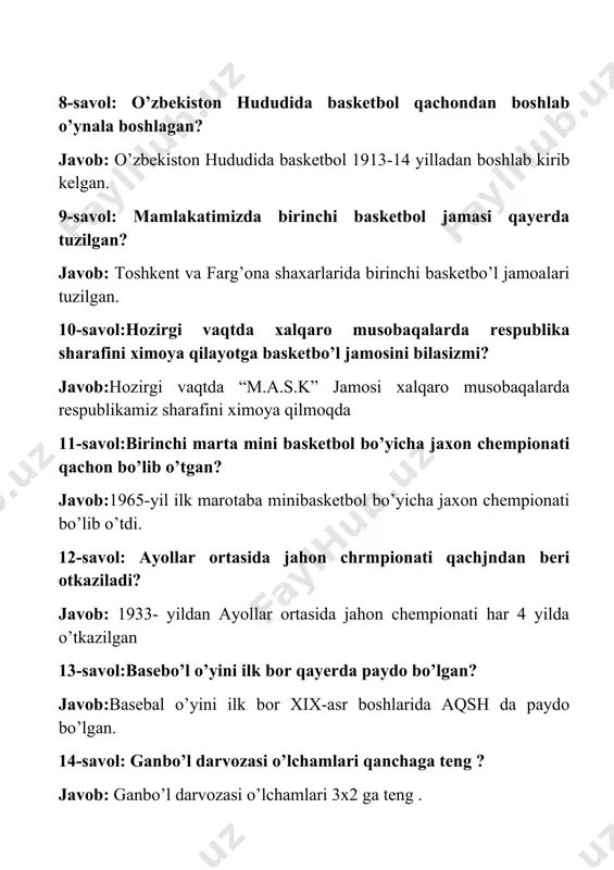 ni ilk bor xix-asr boshlarida aqsh da paydo bo’lgan. 14-savol: ganbo’l darvozasi o’lchamlari qanchaga teng ? javob: ganbo’l darvozasi o’lchamlari 3x2 ga teng . 15-savol: ganbolda necha o’yinchi ishtirok etadi ? javob: ganbo’lda har bir jamodan 7 kishdan ishtirok etadi . 16-savol: ayolar uchin usti yopiq binolarda qo’l to’pi o’yinini o’ygazish qonun qoydalari qachon va kim tomanidan ishlab chiqilgan ? javob: ayolar uchin usti yopiq binolardan qo’l to’pi o’yni o’tgazish qonun qoydalari m.xazer tomanidan 1917_yilda ishlab chiqilgan. 17-savol: birinchi qo’l to’pi fediratsiyasi qachon va qayerda tashkil topgan ? javob: birinchi qo’l to’pi fediratsiyasi 1904_yilda daniyada tashkil topgan . 18-savol: daslapki qo’l to’pi o’yini qoydalari qachon qayerda kim tomanidan nash etilgan ? javob: qo’l to’pi o’yni daslabki qoidalari 1906_yilda kopengaen shahrida nashr atildi bu qoidalarning mualifi h.nilsin hisoblanadi . 19-savol: o’zbekistonda gambo’l bo’yicha chenpiyanat qachon o’tgazilagan ? javob: o’zbekistonda gambol bo’yicha birinchi chenpiyonat 1938_yilda o’tgazildi. 20-savol: o’zbekistonda kursantlar orasida 11x11 qo’l …