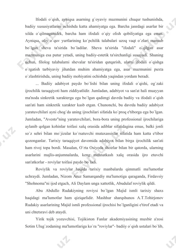 a, firdavsiy "shohnoma"ni ijod etgach, ali daylam unga xattotlik, abudulaf roviylik qildi. abu abdullo rudakiyning roviysi bo`lgan majid ismli tarixiy shaxs haqidagi ma'lumotlar ham qiziqarlidir. mashhur sharqshunos a.t.tohirjonov rudakiy asarlarining majid ismli professional ijrochisi bo`lganligini e'tirof etadi va uni chtetsravi deb ataydi. yirik tojik yozuvchisi, tojikiston fanlar akademiyasining muxbir a'zosi sotim ulug`zodaning ma'lumotlariga ko`ra "roviylar"- badiiy o`qish ustalari bo`lib, xaloyiq o`rtasida rudakiy, daqiqiy, shahid balxiy, abdushukur balxiy va boshqa o`nlab o`zlariga zamondosh va o`tmish shoirlari she'rlarini maxsus ohang bilan o`qirdilar. xususan, rudakiyning yoqimli she'ru qo`shilari ularning og`zidan tushmasdi. ulkan sharqshunos ye.e.bertels ham o`rta asrlarda roviylar toifasi mavjudligini e'tirof etadi. ko`rinadiki, qadimgi badiiy so`z ijrochiligining butun bir yo`nalishi, o`ziga xos maktabni tashkil etuvchi roviylar toifasi katta shon-shuhrat va ijtimoiy mavqega ega bo`lgan. biroq, jamiyat taraqqiy qilishi bilan roviylik tarmoqlanib, xv asrlarga kelganda, mustaqil badiiy ijrochilik ko`rinishlari va ularga mansub ijrochilar toifasi voyaga yeta boshladi. jumladan, alisher navoiy xv asrlarga kelib badiiy …