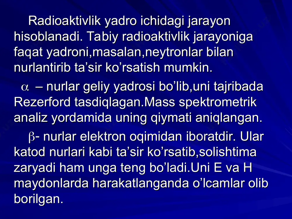 bir tekist yutmaydi, bundan tashqari nurlanish ulardan barcha yo’nalishlarda sochiladi, shuning uchun “yutilisj doza” degan jumladan foydalanilmaydi, balki uning tanani o’rab turgan havodagi ionizatsiya ta’siri bo’yicha baholanadi. rentgen va gamma nurlarining havodagi ionizatsiyasining o’lchovi ekspozitsion doza do hisoblanadi. doni si sistemasidagi birligi (kl/kg) qabul qilingan. amaliyotdagi birligi 1rentgen (r). 1r=2,58*10-4 kl/kg ekspozitsion dozaning quvvati : p0=do/t[1a/kg] va [1r/c] yutilish va ekspozitsion doza orasida bog’lanish mavjud: dyu=ƒdo,bunda ƒ - o’tish koeffisenti bo’lib,u nurlantiradigan moddaga,foton energiyasiga bog’liq. suv va odam tanasining yumshoq to’qimalari uchun ƒ =1, shuning uchun rad lardagi yutilish dozasi son jihatdan rentgenlarda ifodalanuvchi ekspozitsion dozaga tengdir . berilgan nurlanish turi uchun uning biologik ta’siri shuncha ko’p bo’ladi, yutilish dozasi qancha ko’p bo’lsa,lekin har xil nurlanishlar yutilish dozasi bir xil bo’lganda ham har xil ta’sir ko’rsatish mumkin. bunda rentgen va g-nurlar ta’sirida yuzaga keladigan biologik effektlarni boshqa har xil nurlanish yuzaga keltirgan effektlar bilan solishtirish qabul qilingan . k- koeffisent, …