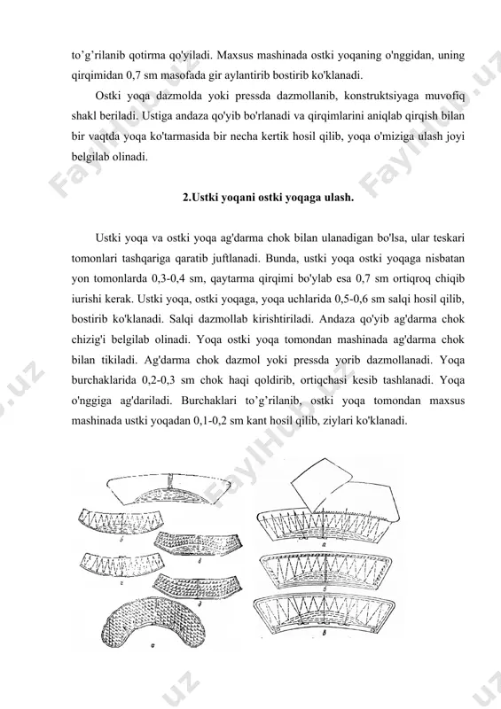 dip va yoqa to’g’rilab qirqiladi. raskeplar biriktirma chok bilan tikiladi va yorib dazmollanadi. ostki yoqa esa, uning o'rta choki ort bo'lak o'rta chokiga yoki kertimlar bir-biriga to’g’rilanib, 1 sm chok kengligida yoqa o'miziga biriktiriladi. chok dazmolda maxsus taxta qolipga qo'yib yoki pressda yorib dazmollanadi. raskep chok haqi ostki yoqa biriktirma choki haqiga qo'lda yoki mashinada puxtalanadi. erkaklar kuylagi yoqalari turli xil :qaytarmali,ko’tarmali qaytarmali, tik, ko’tarmasibilan qaytarmasi yaxlit bichilgan bo’lishi mumkin. ko’tarmasi bilan qaytarmasi yaxlit bichilgan yoqani tikish va uni yoqa o’miziga o’tqazish. ustki yoqaga yoqa qattiqroq bo’lishi uchun qotirma material yopishtiriladi yoki qo’shimcha qatlam qo’yiladi. qaytarmasi bilan ko’tarmasi yahlit bichilgan yoqa, ag’darma chok bilan tikib olingandan keyin qo’shimcha qatlamga yoqa qaytarmasining ko’tarmaga o’tish chizig’i bo’ylab, yoqa uchlariga 3-4sm yetmaydigan qilib yelim uqa qo’yiladi.burchak joylarda 0,3sm chok haqi qoldirib, ortiqchasi kesib tashlanadi. yoqa o’ngiga ag’dariladi va uning uchlari maxsus moslama yordamida to’g’rilanib, ustki yoqa tomondan 0,1sm ziy chiqarib dazmollanadi. ustki yoqa …