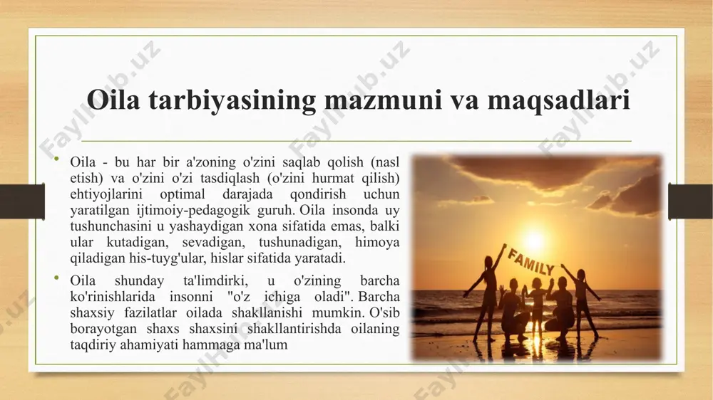 - qarama-qarshi jins vakillariga sof hurmat va muhabbat, erkaklik qadr-qimmati va qizlik sha’nini tarbiyalash; - kundalik hayotni, oilaviy dam olishni, oilaviy dehqonchilikni tashkil etish ko'nikma va malakalari bilan qurollantirish. oila tarbiyasining mazmuni oila tarbiyasining mazmuni barcha sohalarni qamrab oladi. oilada bolalarning jismoniy, estetik, mehnat, aqliy va axloqiy tarbiyasi amalga oshiriladi va u yoshdan yoshga qarab o'zgaradi. asta-sekin ota-onalar, bobo-buvilar, qarindoshlar bolalarga atrofdagi dunyo, tabiat, jamiyat, ishlab chiqarish, kasb-hunar, texnika haqida bilim beradi, ijodiy faoliyat tajribasini shakllantiradi, ma'lum intellektual qobiliyatlarni rivojlantiradi va nihoyat, ularda dunyoga munosabat, odamlar, kasb, umuman hayot. oila tarbiyasida axloqiy tarbiya, eng avvalo, xayrixohlik, mehr-oqibat, kattalarga va zaiflarga e'tibor va rahm-shafqat, halollik, ochiqlik, mehnatsevarlik kabi fazilatlarni tarbiyalash alohida o'rin tutadi. bola uchun obro'li bo'lgan ota-onalarning ustunligi bola uchun obro'li bo'lgan ota-onalarning ustunligi zo'ravonlik bilan emas, balki uning shaxsiyatini bostirish bilan emas, balki ularning etukligi bilan belgilanadi. obro'li ota-ona bo'lish - bu bolani o'z shaxsiyatingizning kuchi va jozibasi bilan …