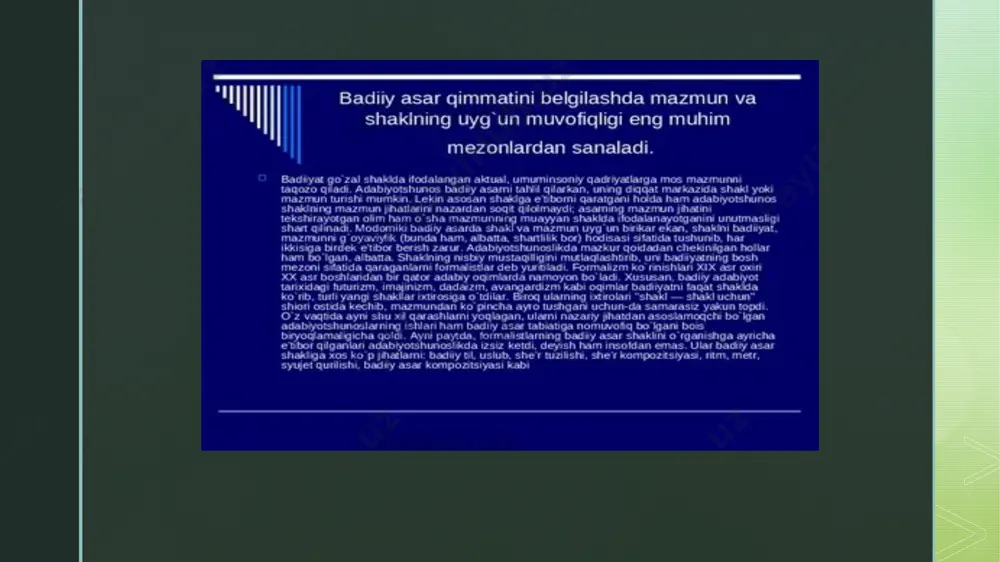 o‘g‘ri bo'ladi deb hisoblaymiz. endigi vazifamiz shu qarashni badiiy ijod tabiatidan kelib chiqqan holda asoslash bo‘ladi. badiiy asar mazmunining salmoqdorligi, l.sultonga ko‘ra, «unda inson uchun, million-million kishilar uchun muhim bo'lgan g'oyalarning mavjudligi» bilan belgilanadi. darhaqiqat, chinakam badiiy asarda, uning katta yo kichikligidan qat’i nazar, bashariy qimmatga molik mazmun yotadi. buning uchun ko‘p narsa talab qilinmaydi: ijodkor chinakamiga his etolgan narsanigina yozishi, chinakam his etmoq uchun esa el ichida to‘laqon!i yashamog‘i kerak. shugina shart bajarilsa, yozganlari atrofidagilar uchun, demakki, bani bashar uchun qimmat kasb etaveradi. biroq, afsuski, sho‘ro davrida mazmunning salmoqdorligi kommunistik g'oyalarga nechoglik mos yoki mos emasligi bilan belgilangan, ya’ni mazmunning ijtimoiy salmoqdorligi ko‘proq e’tiborga olingan. z foydalanilgan adabiyotlar: dilmurod quronov. adabiyotshunoslikka kirish: oliy o‘quv yurtlari uchun darslik – t.: a.qodiriy nomidagi xalq nashr. 2004 y. 224 b quronov d. adabiyotshunoslik nazariyasi asoslari. - т.: navoiy universiteti. 2018. boboyev t. adabiyotshunoslik asoslari. - т.: фан. 2002.