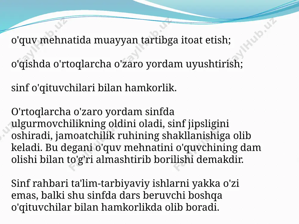 v yumushlari bilan band bo'lishadi; ba'zi o'qituvchilarning darslarida buning aksi: bolalar qiy-chuv qilishadi, bir-biriga qog'oz otishadi, partaning ostiga kirib yashirinishadi, natijada o'qituvchi tajanglashadi, o'quvchilar bilan ixtilofga boradi. bunday ayanchli manzara har bir maktab hayotida uchrab turishi tabiiy holdir. o'quvchilarda intizomni tarbiyalamasdan turib, ularni maktabga, atrof-muhitga, kishilarga, darslarga to'g'ri munosabatda bo'lishga, uy vazifalarini bajarishga, saranjomlikka o'rgatish qiyin. ongli intizomni tarbiyalash-maktabning asosiy vazifasi hisoblanadi. sinf rahbari o'z o'quvchisini doimo o'rganib borishi uchun faqat o'quvchilar bilangina emas, balki o'qituvchilar bilan, o'quvchilarning ota-onalari bilan ham ish olib borishi kerak. sinf xonasining jihozi va ko'rinishi o'quvchilarning estetik tarbiyasiga jiddiy ta'sir ko'rsatadi. sinf rahbarining ko'rgazmali qurollardan samarali foydalanish, o'quvchilarni darsdan bo'sh vaqtlaridan foydalanish va bolalar ijodiy qobiliyatlarini o'stirishda ularni har tomonlama kamol toptirishga yordam beradi. darsdan tashqari vaqtlarda o'quvchilarning jamoat toshiriqlarini bajarishini, to'garaklarda ishtirok etishini nazorat qilish lish kerak. sinf rahbarlari vuddi shunday holatlaron o'z e'tiborlarini o'quvchilarda mehnat ko'nikmalarini, ijodiy mustaqil fikrlashni, kasb tanlashga va atrof …