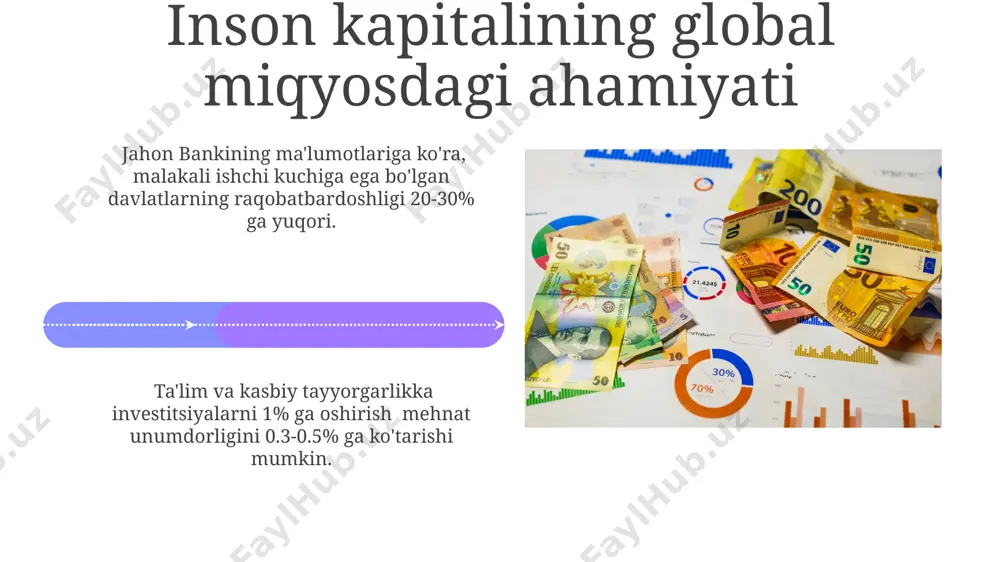 imgacha), sog'liqni saqlash (tibbiy xizmatlar, profilaktika) va o'qitish (kasbiy rivojlantirish kurslari, treninglar). davlat tomonidan moliyalashtiriladigan dasturlar, masalan, 5 yoshgacha bo'lgan bolalar uchun bepul maktabgacha ta'lim yoki kam ta'minlangan oilalarga 1000 so'm miqdorida stipendiyalar, inson kapitaliga investitsiyaning muhim qismini tashkil etadi. inson kapitaliga investitsiyalarning kelajagi sanoat 4.0 davrida yuqori malakali mutaxassislarga bo'lgan talab 30% ga ortadi, shuning uchun doimiy professional rivojlantirish va qayta tayyorlash dasturlariga investitsiyalar muhim ahamiyat kasb etadi. inson kapitaliga investitsiyalarning samaradorligini oshirish uchun texnologiyalarni qo'llash, masalan, onlayn o'qitish platformalari, o'rtacha o'qish muddatini 15% ga qisqartirishga va xarajatlarni 25% ga kamaytirishga yordam beradi. investitsiyalarni baholash usullari инвестицияларнинг натижадорлигини net present value (npv) ва internal rate of return (irr) каби молиявий кўрсаткичлар ёрдамида 5% дан юқори дисконт ставкаси билан баҳолаш мумкин. инсон kapitaliga sarmoya kiritishning rentabellik darajasini aniqlashda, kamida 10 yillik davr uchun o'rtacha yillik daromad ko'rsatkichlari va investitsiyalar hajmini solishtirish kerak. e'tiboringiz uchun rahmat @taqdimot_robot image4.jpg image5.jpg image6.jpg image7.jpg …