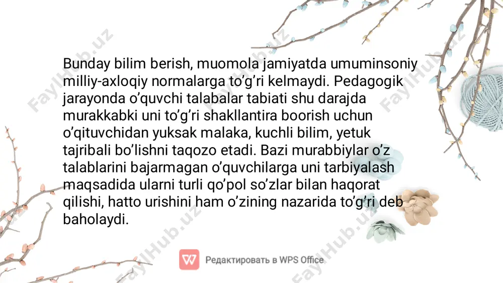 m. shunday ekan bo’lajak pedagoglardan yuksak bilim, tajriba, o’z kasbiga sadoqat va mahorat talab etiladi. e’tiboringiz uchun rahmat!