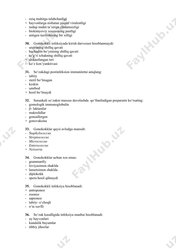 – 10,0 - 10,0 –12,0 54. vabo vibrioni serovarlariga kirmaydi: + tifi - ogava - bengal - inaba - gikoshima 55. hozirgi vaqtda v. cholerani epidemiologik jihatdan muhim ahamiyatga ega shtammi: + eltor biovari - bengal serovari - vabo toksinini saqlovchi gen - vabo toksinini saqlamaydigan gen - klassik biovar 56. oiv diagnostikasida qo‘llaniladigan ifa usuli komponentlariga kirmaydi: - peroksidaza bilan nishonlangan antiglobulin zardob + flyuroxrom bilan nishonlangan antiglobulin zardob · tekshiriluvchining qon zardobi - oiv antigenini saqlagan test-sistema - substrat (ofd) 57. yuqumli kasalliklar ekspress- diagnostikasida bevosita ifr uchun xos bo‘lgan diagnostik preparatni ko‘rsating: - tekshiriluvchi namuna (najas, jarohat ajralmasi, yiring va boshq.) - tekshiriluvchining qon zardobi - peroksidaza bilan nishonlangan antiglobulin zardob + flyuoressentli antizardob - peroksidaza 58. bakterial infeksiyalarda musbat ifr ni natijalash mezoni: - xromogen mahsulotning hosil bo‘lishi - to‘liq gemoliz + shubha qilingan mikroorganizm morfologiyasiga xarakterli bo‘lgan nurlanayotgan mikroorganizmlarni aniqlash - agglyutinatsiya fenomeni - presipitatsiya …