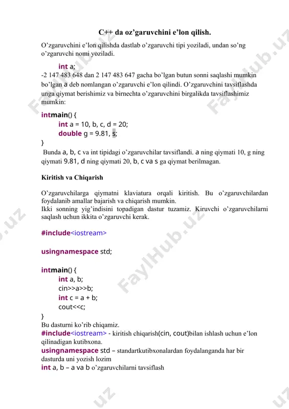 ng qiymati 3.5689 ga teng bo’lsa yaxlitlab chiqarilganda 3.57 soni chiqariladi. katta ifodani yozishni o’rniga uni qismlarga ajratishimiz ham mumkin: #include #include #include usingnamespace std; intmain() { double x, y, z; cin>>x>>y>>z; double a = pow(2, -x); double b = sqrt(x + sqrt(sqrt(fabs(y)+2))); doublec = pow(exp(x-1) / sin(z+2) + 2, 1. / 3); double af = a * b * c; printf("%.2f", af); adabiyotlar: 1. k.p.abduraxmanov, o’.egamov “fizika kursi” darsligi, toshkent.: aloqachi 2013 y. 2. k.p.abduraxmanov, o’.egamov “fizika kursi” darslik, toshkent, “o’quv ta’lim metodikasi” 2015 y. 3. савельев и. в. курс физики. м.: наука 1989 т. 1 4. савельев и. в. курс физики. м.: наука 1989 т. 2 5. савельев и. в. курс физики. м.: наука 1989 т. 3 6. савельев и. в. сборник вопросов и задач по общей физике. м.: аст. астрель. 2005. с.320. 7. к.п.абдурахманов, ў.эгамов “физика курси” дарслиги, тошкент, 2010 й. 8. п.а.типлер, р.а.ллуэллин современная физика (лучший …