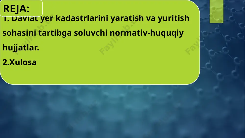dkyat ma'lumotlar bazasiga taqdim etiligan va bugungi kunda taqdim etish ishlari tizimli ravishda davom etmoqda. konlar, foydali qazilmalar va texnogen hosilalarning yuzaga chiqish hollari davlat kadastri bo'yicha "davlat geologiya axborot markazi" dk tomonidan *.dbf formatida (borland kompaniyasining delphi dasturiy paketining formati) va qog'oz jadval ko'rinishida nometallar, metallar, qazilma konlari nishonalari, radiaktiv moddalar bo'ycha ma'lumotlar taqdim qilingan. o'zbekiston respublikasi vazirlar mahkamasining ko'plab qarorlari bilan tasdiqlangan tegishli davlat kadastrlarini yuritish tartibi to'g'risidagi nizomlar asosiy yo'riqnoma hisoblanib, ular asosida dkyatni yuritish ishlar olib borilmoqda. davlat kadastrlarini yuritishning me'yoriy-huquqiy bazasi shakllantirib bo'linganiga qaramay, yangi qonun hujjatlari qabul qilinishi munosabati bilan ayrim davlat kadastrlarini yuritish tartibi to'g'risidagi nizomlar qayta ko'rib chiqilgan bo'lib, 2020-yil 7- sentyabrda yer hisobi va davlat kadastrlarini yuritish tizimini tubdan takomillashtirish chora tadbirlari to'g'risida o'zbekiston respublikasi prezidentining farmoni imzonlangan. xulosa: konstitutsiyaning mazkur bobidagi hamda boshqa normalarida mustahkamlangan qoidalarni tahlil qilish quyidagi fikrlarni keltirib chiqaradi: birinchidan, o‘zbekiston respublikasida o‘zbekiston respublikasining konstitutsiyasi va qonunlarining …