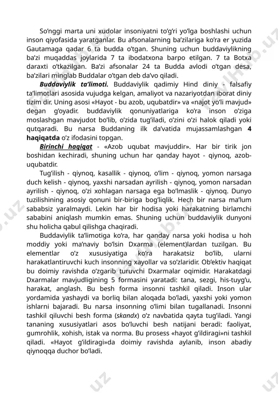 doshlar orttiradi. budda 40 yil davomida o’z ta’limotini hindistonning turli joylariga etkazadi va 80 yoshida kushtnagara degan joyda dunyodan o’tdi. uning jasadi hind udumiga ko’ra u yerda kuydirilib, uning xoki 8 ta budda jamoalariga bo’lib yuborildi va har bir jamoa uni dafn etgan joyida ibodatxona barpo etdi. buddaning hayoti haqida turli afsonalar ham to’qilgan. bu afsonalarda aytilishicha, budda ko’p yillar davomida er yuzidagi turli mavjudotlar qiyofasida qayta tug’ilgan: 84 marta ruhoniy, 58 marta podshoh, 24 marta rohib, 13 marta savdogar, 18 marta maymun, 12 marta tovuq, 8 marta g’oz, 6 marta fil shuningdek baliq, qurbaqa, kalamush, quyon kabi qiyofalarda qayta tug’ilgan. jami 550 marta qayta tug’ilgan. u doimo qayerda, qay qiyofada tug’ilishini o’ziga o’zi belgilagan. so’nggi marta uni xudolar insoniyatni to’g’ri yo’lga boshlashi uchun inson qiyofasida yaratganlar. bu afsonalarning ba’zilariga ko’ra er yuzida gautamaga qadar 6 ta budda o’tgan. shuning uchun buddaviylikning ba’zi muqaddas joylarida 7 ta ibodatxona barpo etilgan. …