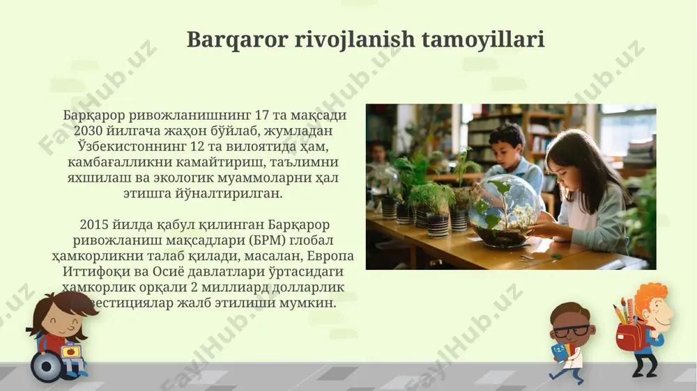 , energiya samaradorligini 20% ga oshirish va chiqindilarni qayta ishlash darajasini 50% ga yetkazishni maqsad qilgan. qoraqalpogʻiston respublikasida aral dengizi quriganidan keyin yuzaga kelgan tuproq eroziyasi va choʻlga aylanish jarayoni, milliy iqtisodiyotga 1 milliard dollardan ortiq zarar yetkazmoqda. fuqarolik ta'limi asoslari 2024 yilga kelib, samarqand viloyatida “fuqarolik ta'limi asoslari” bo'yicha o'qituvchilarning malakasini oshirish bo'yicha 1500 dan ortiq o'qituvchi qayta tayyorlanishi rejalashtirilgan. “fuqarolik ta'limi asoslari” fanidan 5-sinf o'quvchilari uchun 2023-yilgi o'quv dasturida 3 ta asosiy modul mavjud bo'lib, ular demokratiya tamoyillari, inson huquqlari va ekologik mas'uliyatni o'z ichiga oladi. resurslarni boshqarish va iqtisodiy o'sish jahon bankining ma'lumotlariga ko'ra, samarqand viloyatida suv resurslarining samarali boshqarilishi 20% ga yaqin hosildorlikni oshirishga olib kelishi mumkin, bu iqtisodiy samaradorlikni yaxshilashga yordam beradi. 2022-yilda o'zbekistonning yalpi ichki mahsuloti (yaim)ning 25% dan ortig'i tabiiy resurslarni qazib olishga bog'liq bo'lib, bu iqtisodiy o'sishning ekologik xavfsizlik bilan muvozanatini saqlash zarurligini ko'rsatadi. davlat siyosati va iqtisodiyot андижон вилоятида 2023 йилда …