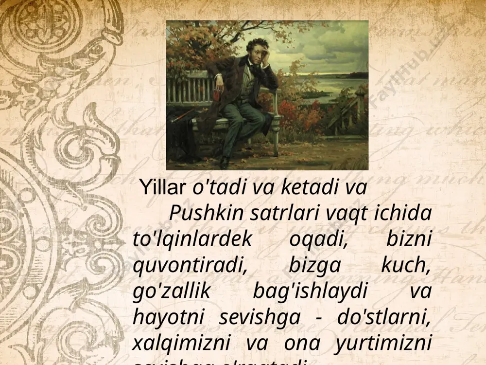 gan. u aniq chizgan, to'g'ri, u yuzini yaxshi bilardi. 90 ga yaqin avtoportretlar saqlanib qolgan. a. s. pushkinning muzey-kvartirasi sankt-peterburg, st. moyka, 12 shoirning shaxsiy buyumlari inkstand shoirning cho'ntak soati qaychi va charm quti hamyon va bronza qo'ng'iroq moskva yoshkar-ola image2.jpeg image3.jpeg image4.jpeg image5.jpeg image6.jpeg image7.jpeg image8.jpeg image9.jpeg image10.jpeg image11.jpeg image12.jpeg image13.jpeg image14.jpeg image15.jpeg image16.jpeg image17.jpeg image18.jpeg image19.jpeg image20.jpeg image21.jpeg image22.jpeg image23.jpeg image24.jpeg image25.jpeg image26.jpeg image27.jpeg image28.jpeg image29.jpeg image30.jpeg image31.jpeg image32.jpeg image33.jpeg image1.jpeg /docprops/thumbnail.jpeg