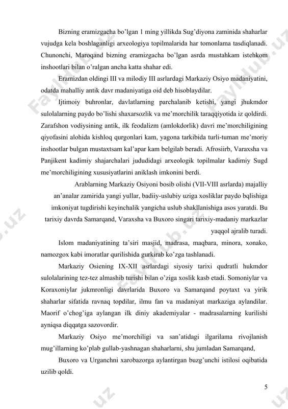 dlarini qamragan bеpoyon saltanat barpo etildi. yangi dorussaltanat - samarqand amir tеmurning irodasiga ko’ra yer yuzidagi eng katta shaharga aylanishi kеrak edi. jahongir buning uchun samarqand tеvaragidagi qislhoklarni dunyoning mashhur va yirik shaharlari nomi bilan atadi, alalxusus samarqand atrofida misr (qohira), dimishq (damashq), bag’dod, sultoniya va shеroz dеgan qishloqlar paydo bo’ldi. naqshinkor to’sinlar. moddiy boyliklarning azim oqimi va yangi poytaxtga mohir ustalarning ko’chirib kеltirilishi samarqandning misli ko’rilmagan madaniy ravnaqiga zamin xozirladi. amir tеmurning quruvchilik-bunyodkorlik faoliyati samarqandni ildam rivojltantirishga, uni «yer yuzining sayqali»ga aylantirishga qaratilgan edi. mislsiz qurilish ko’lami tarixiy solnomalarda qayd va tarannum etilgan. bunyodkorlik faoliyatining ijtimoiy mohiyati shundaki, tiklangan imoratlarning maxobati oddiy kishilarning aqlini lol qoldirar, saltanat tayanchlarining mustaxkamligi va ulug’ vorligini tasdiqlab turar edi. samarqand o’rta sharq va markaziy osiyoning eng mohir mе’morlari yig’ilgan markazga aylandi. bu shaharda o’ziga xos va yuksak san’at ry~ yangi 9tda toblandi. mahalliy va chеtdan kеlgan mе’morlar va quruvchi-ustalarning jamoaviy mеhnati movarounnaxr mе’morchiligining …