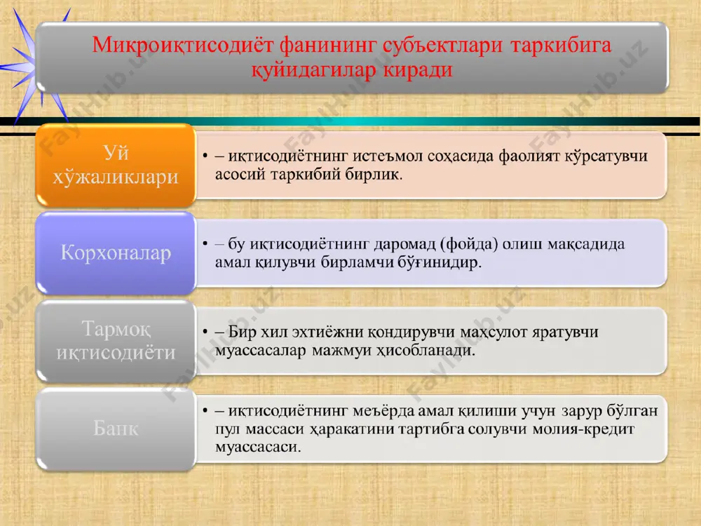 ини имконият доирасида максимал қондиришга эришишдир. * иқтисодиётнинг бош муаммоси: моддий эҳтиёжларнинг чексизлиги ва иқтисодий ресурсларнинг чекланганлиги энди иккинчи фундаментал муаммо – чексиз эҳтиёжларни қондириш воситалари бўлган иқтисодий ресурсларнинг чекланганлиги масаласини кўриб чиқамиз. “иқтисодий ресурслар” деганда нимани тушунамиз? иқтисодий ресурслар – товарлар ишлаб чиқариш, хизматлар кўрсатиш ва ишлар бажариш учун фойдаланиладиган барча табиий, меҳнат ва инсон томонидан яратилган ресурсларни ўз ичига олади. иқтисодий ресурсларга ер, фабрика ва заводлар бинолари, турли иншоотлар, асбоб-ускуналар, тракторлар ва машиналар, ишчи кучи, хомашё ва материаллар каби турли ишлаб чиқариш воситалари киради. уларни шартли равишда учга ажратиш мумкин: 1. моддий ёки табиий ресурслар – ер, ер ости қазилма бойликлари, капитал, хомашё ва материаллар. 2. меҳнат ресурслари – ишчи кучи, мутахассислар ва тадбиркорлик қобилияти. 3. молиявий ресурслар – пул ва пулга тенглаштирилган қимматбаҳо қоғозлар. * 2. иқтисодиётнинг бош муаммоси: моддий эҳтиёжларнинг чексизлиги ва иқтисодий ресурсларнинг чекланганлиги энди иккинчи фундаментал муаммо – чексиз эҳтиёжларни қондириш воситалари бўлган иқтисодий …