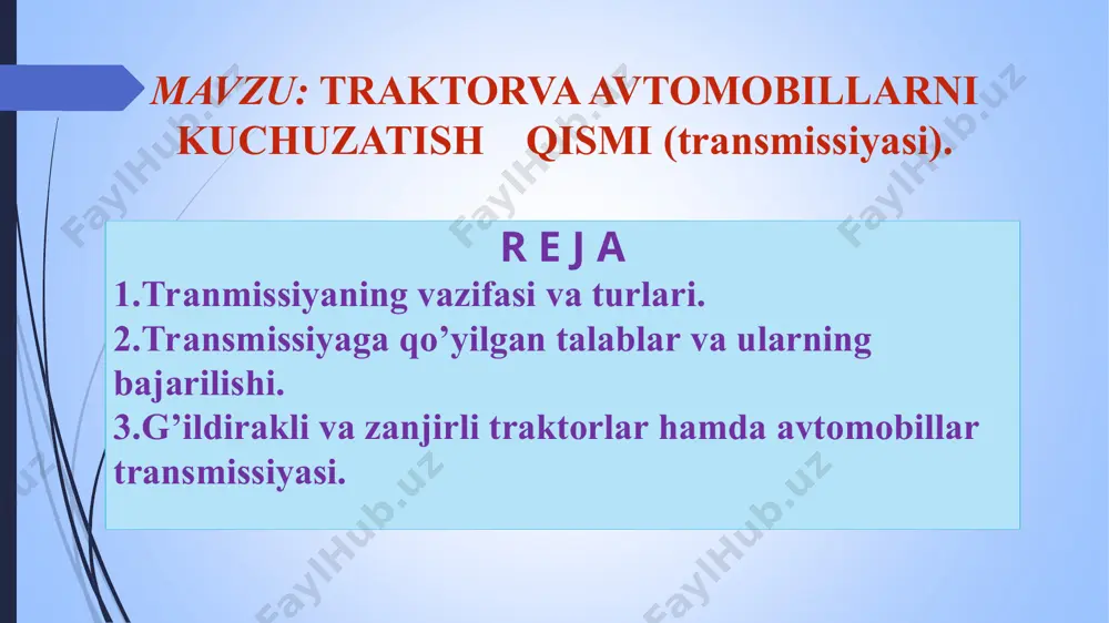 ishlashi, boshqarishning qulayligi bilan farq qiladi.. revers mexanizmi-traktorlarning manervchanligini oshirish uchun uzatmalar qutisida oldinga va orqaga bir xil tezlikda harakatlanishga imkon yaratadi. traktorlar transmissiyasini sxemasi: 1-tishlashish muftasi; 2-oraliq uzatma; 3-uzatmalar qutisi; 4-bosh (asosiy)uzatma; 5-differentsial; 6-oxirgi uzatma; 7-taqsimlash qutisi; 8-kardanli uzatma; 9-planetar (burish)mexanizmi; 10-maxsus mexanizm. в-zanjirli traktorlar b-ketingi hamda oldingi ko’piriklari yetakchi bo’lgan g’ildirakli traktorlar; a-ketingi ko’pirigi yetakchi bo’lgan g’ildirakli traktorlar; tishlashish muftasi tishlashish muftasi- traktor va avtomobillarning qo’zg’alish vaqtida dvigatelning kuch uzatmasi bilan ravon biriktirish, uzatmalar sonini o’zagartirishda qisqa muddatga ajratish hamda qisqa vaqtga to’xtashni ta’minlash uchun hizmat qiladi. friktsion tishlashish muftasini sxemasi: 1-maxovik; 2-etaklanuvchi disk; 3-friktsion qistirma; 4-siquvchi disk; 5-tishlashishi muftasini kojuxi; 6-prujina; 7-pedal; 8-etakchi val. oraliq birikma oraliq birikma - tishlashish muftasining vali uzatmalar qutisining vali bilan biriktiriladi. bunday birikmalar odatda biriktiriladigan vallarning o’qdoshligi qat’iy ta’minlab bo’lmaydigan joylarda ishlatiladi traktorlarni oraliq birikmasi: 1,8-vilkalar; 2-rezina vtulka; 3-kallak; 4-bolt; 5-sim karkas; 6-po’lat vtulka; 7-biriktirish vali. kardanli uzatma kardanli uzatma- burovchi …