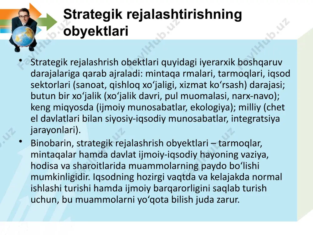 r ma’noda aniqlanmaganligidan iboratdir. barcha strategiyalarni uch xil alomatlar bo‘yicha tasniflash tavsiya qilinadi: beshta asos soluvchi strategiyaga mansubligi, raqobat ustunligiga erishish (global strategiya); biznes doirasi portfeli, boshqaruv strategiyasiga mansubligi (portfelli strategiya); tashqi va ichki sharoitga qarab qo‘llaniladigan strategiyaga mansubligi (funksional). tashkilot tashqi va ichki muhiti tahlili. «milliy romb» konsepsiyasi va tarmoqli klasterlar. tizimli xarita, nihoyatda umumlashtirilgan ko‘rinishga ega va strategik boshqarishning, u yoki bu vazifalarini yechish uchun qo‘llanishida aniqlashtirishni talab qiladi. «nima uchun davlatlararo raqobatda, biri muvaffaqiyatga erishsa, boshqalari mag‘lubiyatga uchraydi? iqtisodga bog‘langan bu savollardan, ehtimol, aynan shu bizning davrda ayniqsa ko‘proq yangraydi».- deb ta’kidlab o‘tadi taniqli iqtisodchi m.porter va asoslangan javob topishga harakat qiladi. bu muomala uning nazarida qo‘yilgan savolni oydinlashtirishga chaqirilgan «milliy romb» modelini shakllantiradi. tarmoqlar va boshqalar hayotiy davrining turli bosqichlaridagi raqobat strategiyasi. kashfiyot; qoloq texnologiya; manbalar narxining keskin o‘zgarishi; jahon moliyaviy bozorida yoki almashtirish kursida keskin o‘zgarish; mahalliy va xalqaro ehtiyojning keskin o‘zgarishi; mahalliy va chet …