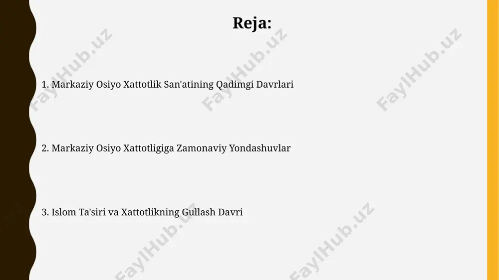 gi turkiy va fors tillarida yozilgan qo'lyozmalar sonining keskin o'sishiga sabab bo'ldi. nasta'liq, naskh kabi arab kalligrafiyasi uslublari markaziy osiyoda keng tarqalib, miniatyuralar va qo'lyozma kitoblar bezaklarida muhim rol o'ynadi. temuriylar davri kalligrafiyasi temuriylar davrida, xususan 15-asrda, nastaliq yozuv uslubining yuksalishi kuzatildi, bu davrda amir temur va uning avlodlari tomonidan qo'llab-quvvatlangan ko'plab mashhur xattotlar yetishib chiqdi. ushbu davr kalligrafiyasi geometrik naqshlar, gulli bezaklar va arabcha ornamenti bilan boyitilgan bo'lib, har bir harfning proporsiyasi va go'zalligi yuqori badiiy mahoratni aks ettiradi, ba'zi asarlar 500 grammdan ortiq og'irlikdagi qimmatli qog'ozlarga yozilgan. keyingi davrlar va zamonaviy kalligrafiya keyingi davrlar o'zbek kalligrafiyasida 20-asrning ikkinchi yarmidan boshlab lotin alifbosining qo'llanilishi bilan yangi uslublar va eksperimentlarning paydo bo'lishini kuzatish mumkin. so'nggi 30 yil ichida o'zbek kalligrafiyasi xalqaro miqyosda 5 dan ortiq yirik ko'rgazmalar va simpoziumlar orqali namoyish etildi, bu uning jahon miqyosidagi tan olinishini ko'rsatadi. e'tiboringiz uchun rahmat @taqdimot_robot image1.jpg image2.jpg image3.jpg image4.jpg image5.jpg image6.jpg image7.jpg