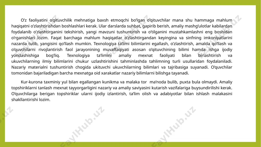 . ko’pgina o’qituvchilar o’qitishning turli metod va usullarini qo’llab shunungdek, sinfdan tashqari ishlarni qiziqarli tashkil etib, yaxshi o’zlashtirish natijalariga erishmoqdalar va bilimga muhabbat hamda qiziqishlarini sindirmoqdalar. bunday o’qituvchilar qo’l mehnatini o’rgatishda o’quvchilarga turmush sohasidagi bilim va ko’nikmalarni singdirish bilan birga, ularda ijodiy qobiliyatlarni va bilishga qiziqishini, mustaqil faollikni o’stirishga yordam bermoqdalar. o’qitish usullari bilimlarni shunday darajada egallanishiga xizmat qilishi kerakki, unda o’quvchilar chizmani o’qituvchi chizgan o’lchamlar asosida emas, balki buyumni istalgan o’lchami bo’yicha chizib, egallagan bilimlarini amalda qo’llay olsinlar. qo’l mehnatiga o’rgatishda qo’llaniladigan asosiy usullar tizimi quyidagichadir: 1. og’zaki bayon qilish. 2. tushuntirish va hikoya qilish. 3. suhbat. 4. mashqlar. 5. amaliy ishlar. 6. labaratoriya ishlari. 7. mustaqil ishlar. 8. ekskursiya. 9. kitob bilan ishlash. 10.texnik vositalar. texnologiya ta’limi jarayonida o’quvchilarni texnologiya ta’limi va tarbiyasiga tayyorlashda mana shu usullardan samarali foydalanilsa o’qituvchi o’quvchilarning texnologiya ta’limi va tarbiyasining malaka va ko’nikmalarini egallashlariga va mehnatga tayyorlash to’g’ri tarbiyalansa, haqiqiy mehnatkash uchun zarur …
