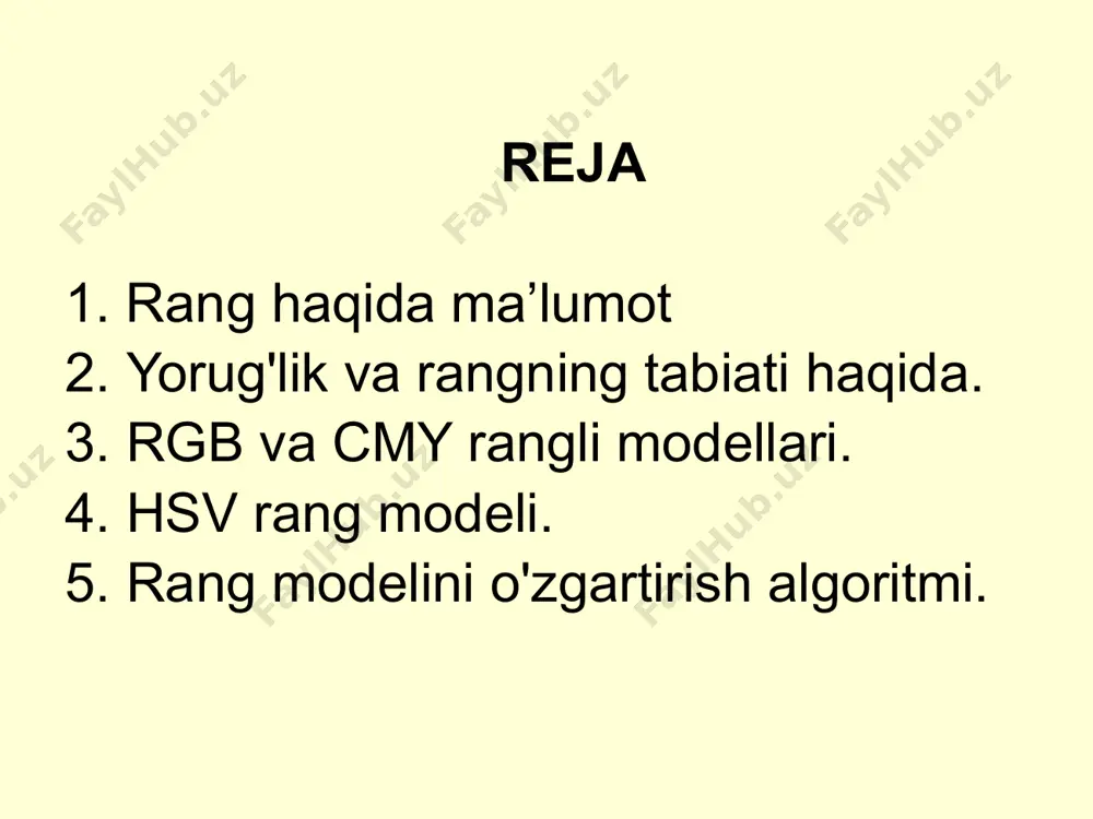 ks ettirish 7 7 qo'shimchalar - individual ranglarning yorqinligi oshgani sayin, natijada rang yorqinroq bo'ladi. rgb palitrasida ranglarning har biri o'z intensivligini 0 dan 255 gacha o'zgartirishi mumkin. 0 - rang intensivligi minimal 255 - rang intensivligi maksimal 8 8 rgb-kodlash rangli kub 9 9 subtraktuv model cyan – ko`k magenta – zangori yellow – sariq . “subtract” “ajratish” – «olib tashlash» ularning har biri bosilgan palitradagi oq yorug'lik hodisasidan ma'lum ranglarni oladi (ajratib oladi). asosiy ranglar : 11 11 subtractive - individual ranglarning yorqinligi oshib borishi bilan, natijada olingan rang qorong'i bo'ladi. cmy palitrasida ranglarning har biri o'z intensivligini 0 dan 255 gacha o'zgartirishi mumkin. 0 - rang intensivligi minimal 255 - rang intensivligi maksimal 12 12 rgb va сmyk modellarida ranglarning ko`payishidagi farq 13 13 ohang(ton) rangning o'ziga xos soyasidir. to'yinganlik uning intensivligini yoki tozaligini tavsiflaydi. yorqinligi bu rangga qo'shilgan qora bo'yoqning aralashmasiga bog'liq. rang qiymati doira markazidan …