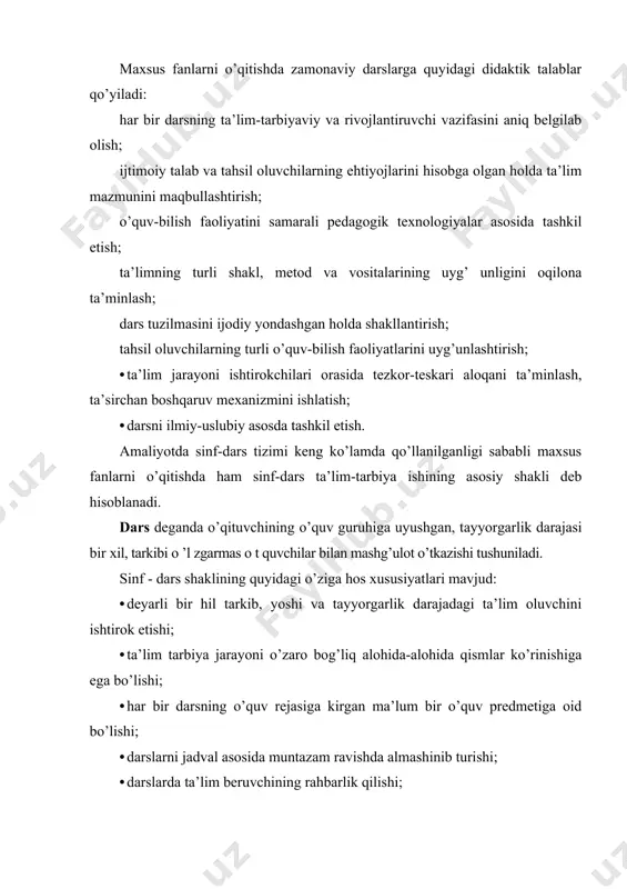 lakalarni shakllantirish; · ma’lum harakat usullarini mustahkamlash; · tushunchalar orasidagi bog’lanishlarni aniqlash bo’yicha talabalarda biror narsa to’g’risida tushunchalarni shakllantirish; · dunyoqarash g’oyalari va muammolarini aniqlash; · talabalarda u yoki bu harakatni, voqealarni baholash bo’yicha bilimlarni shakllantirish; · xulosa chiqarishga tayyorlash, o’zlashtirishga erishish. darsning tarbiyaviy maqsadlari talabalarda quyidagi muayyan shaxs sifatlari va xarakterini tarkib toptirishdan iborat: dunyoqarashni va kasbga qiziqishni; • o’z-o’zini tekshirish va o’zaro yordamni; voqeliklar orasidagi bog’lanishlarni aniqlash va tahlil qilish ko’nikmalarini; bir sohadan ikkinchi sohaga bilimlarni ko’chirish ko’nikmalarini; fanlararo bog’lanishlarni amalga oshirish ko’nikmalarini; nutq madaniyatini; vatanparvarlikni; · mehnatga ongli munosabatni; · ongli intizom va yaxshi xulqni; · ta’lim olishga ijobiy munosabatni; · estetik qarashlarni; · ish o’rnini tashkil etish va o’z faoliyatini tekshirishni; · e’tiqodni. rivojlantirish maqsadi — dars jarayonida talabalarning psixologik sifatlarini diqqat, xotira, texnik taffakkur va bilish qobiliyatlarini shakllantirishdir. psixologik adabiyotlarni tahlil qilish talabalarda tafakkurni, politexnik, mehnat, bilish (anglash) va aqliy ko’nikmalarni, iroda va mustaqillikni rivojlantirish, …