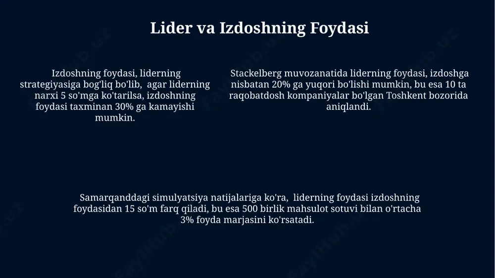 iklar tug'diradi, misol uchun, 2022 yilda aqshda. stackelberg muvozanati, 2 ta yoki undan ortiq firma ishtirok etadigan o'yin nazariyasi modeli bo'lib, unda lider firma strategiyasini birinchi bo'lib e'lon qiladi, qolgan firmalar esa unga reaksiya sifatida o'z strategiyasini tanlaydi, masalan, 2023 yilda yaponiya bozorida kuzatilganidek. ushbu model, 1934 yilda germaniyaning gaydelberg shahrida xans fon stackelberg tomonidan ishlab chiqilgan bo'lib, raqobatbardosh bozorlarda firmalar o'rtasidagi o'zaro bog'liqlikni va strategik munosabatlarni tahlil qilish imkonini beradi, natijada bozorning samaradorligiga ta'sir ko'rsatadi. e'tiboringiz uchun rahmat @taqdimot_robot image1.jpg