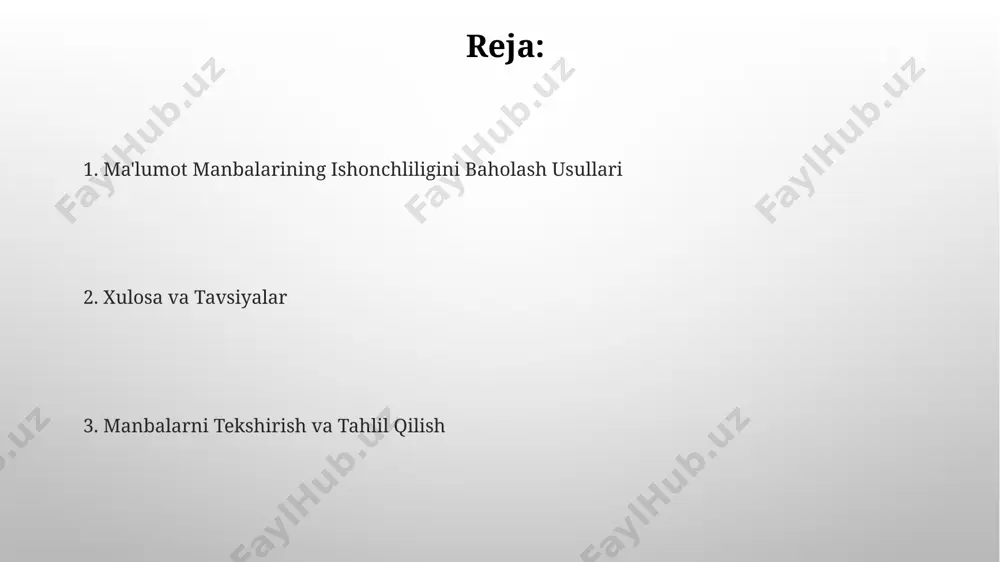 borotning ishonchliligini oshirish mumkin. manbaning nashr etilgan sanasi va tegishli yangilanishlari, shuningdek, uning ma'lumotlar bazalarida indekslanishi (masalan, scopus, web of science) kabi omillarni tekshirish orqali axborotning dolzarbligini aniqlash mumkin. muqobil manbalar bilan taqqoslash agar 2 yoki undan ortiq manbalar bir xil ma'lumotni tasdiqlasa, bu ma'lumotning ishonchliligi yuqori bo'ladi, bu esa isbotlangan faktlar sonini ko'paytiradi. muqobil manbalarning kamida 3 tasini taqqoslash, ma'lumotlarning mos kelish darajasini va ishonchlilik darajasini aniqlash imkonini beradi, bu esa taxminan 70% ga aniqlikni oshiradi. faktlarning tasdiqlanishi va rad etilishi ma’lumot manbalarining ishonchliligini baholashda kamida 3 ta mustaqil manbadan tasdiqlash kerak, aks holda, ma’lumotning haqiqiyligi shubha ostida qoladi. rad etilgan faktlarni tekshirishda, asl manbaga murojaat qilish va uning muallifining vakolatini, ehtimol 10 yildan ortiq tajribasini tekshirish muhim. axborotning to'liqligiga va aniqligiga baholash axborotning to'liqligi va aniqligi, tasdiqlangan statistik ma'lumotlar, ilmiy maqolalar yoki ekspert xulosalari kabi qo'shimcha manbalar bilan tekshirib ko'rish orqali aniqlanishi mumkin, bu esa ishonchlilikni oshiradi. axborot …