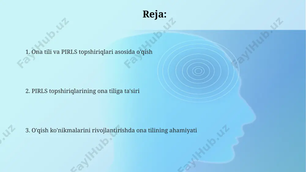 sida ijobiy bog'liqlik aniqlangan bo'lib, yuqori darajadagi ona tili ko'nikmalariga ega bo'lgan o'quvchilarning 70% dan ortig'i murakkab topshiriqlarni muvaffaqiyatli bajara olgan. 2018-yilgi pirls bahosida, o'zbekistonning ayrim viloyatlarida ona tilida o'qish ko'nikmalarining yuqori natijalarga erishganligi, umumiy o'rtacha ko'rsatkichdan 15% yuqori ekanligi kuzatildi. ona tili va pirls topshiriqlari asosida o'qish toshkent shahri maktablarida o'tkazilgan pirls topshiriqlari tahlili shuni ko'rsatdiki, 4-sinf o'quvchilarining 30% dan kamrog'i murakkab matnlarni tushunish va ular asosida savollarga javob berishda muvaffaqiyat qozongan. qoraqalpog'iston respublikasida o'tkazilgan kichik miqyosdagi tadqiqotlar, ona tilida o'qish darajasining geografik joylashuvga bog'liqligini va qishloq hududlarida pirls topshiriqlari natijalarining ancha past ekanligini ko'rsatdi. 2018-yilgi pirls tadqiqoti natijalariga ko'ra, o'zbekiston maktab o'quvchilarining ona tilida o'qish ko'rsatkichlari jahon o'rtacha ko'rsatkichlaridan past bo'lib, o'qish tushunchasi va matn tahlili ko'nikmalarini rivojlantirishga ehtiyoj sezilyapti. e'tiboringiz uchun rahmat @taqdimot_robot image1.png