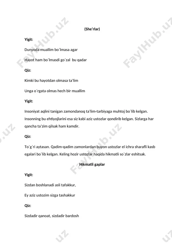 tlarimizni ko`tarib olish maqsadida navbatimizni sinfimizning yigitlariga beramiz qiz: marhamat yigitlar sizlarning ham hunarilani bir ko`raylik. yigitlarning chiqishi yigit: ustozlar el ichra topgaydir qadr doimo shogirdlar ehtiromida bayram tabrigini eting siz qabul go`zal qizlarimiz sho`x xiromida qiz: dilingiz aylasin bu qizlar xushnud unuting bir lahza tashvish- g`amlarni ilojin topsangiz siz ham qo`shilling yayrasin bu dillar, tashlab kamlarni raqs. oyqiz yigit: o`z elini ulug`lagan buyuk inson, ketdi yo rab to`y boshlagan diyorini etib hayron, ketdi yo rab yutuqlardan quvonchini yuragiga sig`dorlmay yaratga aytmoq uchun ulug xoqon, ketdi yo rab qiz: omon boring buzrukvorim, rizo bo`ling xalqingizdan sizga loyiq bo`lgan har bir mard o`g`lu- qizingizdan unutmaymiz sizni also ko`zdek asrab shu vatanni ming rozimiz, ming rozimiz, ming rozimiz ota sizdan. yigit: aziz do`stlar barchamizga ma’lumki, boshimizga og`ir musibat tushdi. mustqalligimiz asoschisi, bizning birinchi prezidentimiz islom abdug`aniyevich karimov bu yorug` olamni tark etdi. lekin u bizga shunday jannatmakon yurtni barpo etib ketdilar. qiz: …