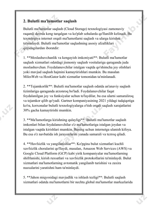 iaas provayderlari amazon web services (aws), microsoft azure va google cloud platformni o'z ichiga oladi. 2. **platform as a service (paas)**: paas tashkilotlar va dasturchilar uchun dasturlarni ishlab chiqish va keyinroq joylashtirish imkoniyatlarini taqdim etuvchi platformadir. bu xizmat dasturiy ta'minot ishlab rivojlantirish va sinov qilish uchun zarur bo'lgan vositalar va infrastrukturani taqdim etadi. paas xizmatlari global ravishda yillik 26% o'sish bilan 2020-yilda qariyb 60 milliard dollarga erishgan. microsoft azure app services, google app engine va heroku singari xizmatlar bu segmentda mashhur. 3. **software as a service (saas)**: saas xizmatlari foydalanuvchilarga dasturiy ta'minotdan internet orqali foydalanish imkoniyatini beradi. bu turdagi xizmatlarga kirish uchun foydalanuvchilar ko'pincha obuna bo'lish yoki bir martalik to'lovni amalga oshirishlari kerak. saas bozori 2022-yilda 145 milliard dollar qiymatida baholangani va 2023-yilda 20% ko'proq o'sish kutilgani aytilmoqda. tanilgan saas tavsiya etuvchilariga microsoft 365, salesforce va google workspace kiradi. 4. **data as a service (daas)**: daas modeli ma'lumotlarni bulutda boshqarish …