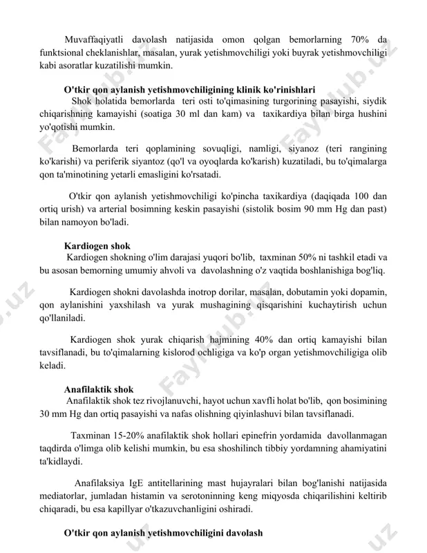 satkich yosh, asosiy kasallik va davolanishning o'z vaqtida boshlanishiga bog'liq. muvaffaqiyatli davolash natijasida omon qolgan bemorlarning 70% da funktsional cheklanishlar, masalan, yurak yetishmovchiligi yoki buyrak yetishmovchiligi kabi asoratlar kuzatilishi mumkin. o'tkir qon aylanish yetishmovchiligining klinik ko'rinishlari shok holatida bemorlarda teri osti to'qimasining turgorining pasayishi, siydik chiqarishning kamayishi (soatiga 30 ml dan kam) va taxikardiya bilan birga hushini yo'qotishi mumkin. bemorlarda teri qoplamining sovuqligi, namligi, siyanoz (teri rangining ko'karishi) va periferik siyantoz (qo'l va oyoqlarda ko'karish) kuzatiladi, bu to'qimalarga qon ta'minotining yetarli emasligini ko'rsatadi. o'tkir qon aylanish yetishmovchiligi ko'pincha taxikardiya (daqiqada 100 dan ortiq urish) va arterial bosimning keskin pasayishi (sistolik bosim 90 mm hg dan past) bilan namoyon bo'ladi. kardiogen shok kardiogen shokning o'lim darajasi yuqori bo'lib, taxminan 50% ni tashkil etadi va bu asosan bemorning umumiy ahvoli va davolashning o'z vaqtida boshlanishiga bog'liq. kardiogen shokni davolashda inotrop dorilar, masalan, dobutamin yoki dopamin, qon aylanishini yaxshilash va yurak mushagining qisqarishini …