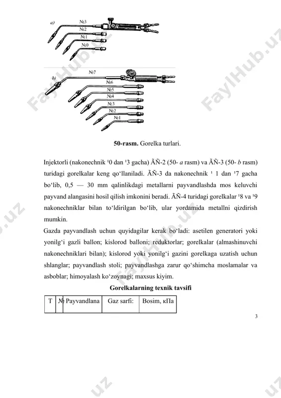 orqali shlang 3 dan suv zatvori 14 ga boradi, undan payvandlash gorelkasi yoki qirquvchi moslamaga beriladi. suv zatvori 14 gaz kislorod alangasidan qaytish zarbi (alanga gorelka ichidan generatorga qarab yuradi) bo‘lganda, generatorni portlashdan saqlaydi. qurilmada generator bosimini ko‘rsatib turuvchi manometr 15 bor. generatorga bir martada 2,2 kg kalsiy karbidini solish mumkin. bu generator asosida qo‘zg‘aluvchan añâ-1,25 generatori ishlab chiqilgan bo‘lib, uning asosiy farqi shundaki, bir martada kalsiy karbidini 3 kg gacha solishga moslangandir. 1 kg kalsiy karbididan uning saralanishi va donadorligiga qarab 235 — 280 l asetilen olinadi. shuni hisobga olish kerakki, mayda va kukunsimon kalsiy karbididan foydalanish taqiqlanadi, chunki ularni ishlatilganda portlash xavfi paydo bo‘ladi. 1 kg kalsiy karbidining o‘zaro ta’sirlashuvi uchun 0,56 l suv ketadi. amalda 7 — 20 l suv solinadi, bu asetilenning yaxshi sovishiga va generatorning xavfsiz ishlashiga yordam beradi. 2. gaz alangasida payvandlash bu usul payvandlanadigan va qo‘shimcha metallarni yuqori haroratli gaz-kislorod alangasida eritishga asoslangan. …