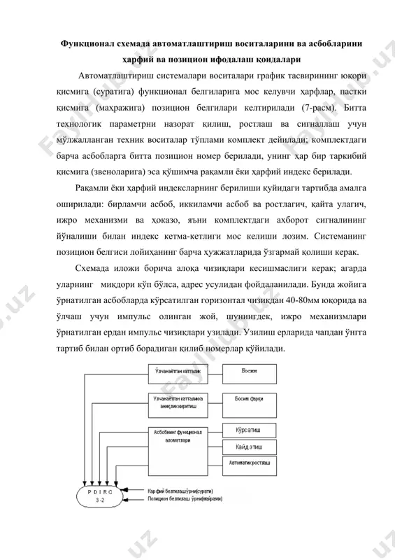 налларини эса пастда кўрсатган маъқулдир. агар схемада бир-хил ҳарактеристикали жойига ўрнатилган асбоблар кўп маротаба қайтарилса, у ҳолда чизмада фақат битта асбоб кўрсатилиб, қолганларининг позицион номерлари кўрсатилади. шунингдек бир неча сезгир элементдан чиқиб, битта иккиламчи асбобга юборилганда (масалан, агар бир нечта термопара кўп нуқтали потенциометр билан боғланганда) алоқа йўлларини бирлаштириб кўрсатиш мумкин. мабодо техник воситалар сигналлаш, ҳимоя ва блокировка каби схемалар билан боғланган бўлса, у ҳолда уланиш йўллари шартли тарзда битта горизонтал чизиққа бирлаштирилади ва унга, масалан, «принципиал сигналлаш схемасига» каби ёзувлар кўрсатилади. мабодо функционал схемаларда электр аппаратуралар (сигналлаш чироғи, бошқариш тугмаси ва калити, қўнғироқ) кўрсатилган бўлса, уларга принципиал схемаларда қабул қилинган белгилашлар берилиши мумкин; масалан: sв2, н3, на2 ва ҳоказо. технологик жараённинг назорат, ростлаш, бошқариш, сигналлаш ва ҳимоя нуқталари ҳамда техник воситаларини танлаш автоматлаштириш системасининг технологик объекти олдиндан берилган бўлиб, системанинг ўзгармас қисми ҳисобланади. система мақсадга мувофиқ фаолият кўрсатиш учун объект хусусиятларини эътиборга олган ҳолда автоматлаштириш системасини танлаш керак бўлади; …